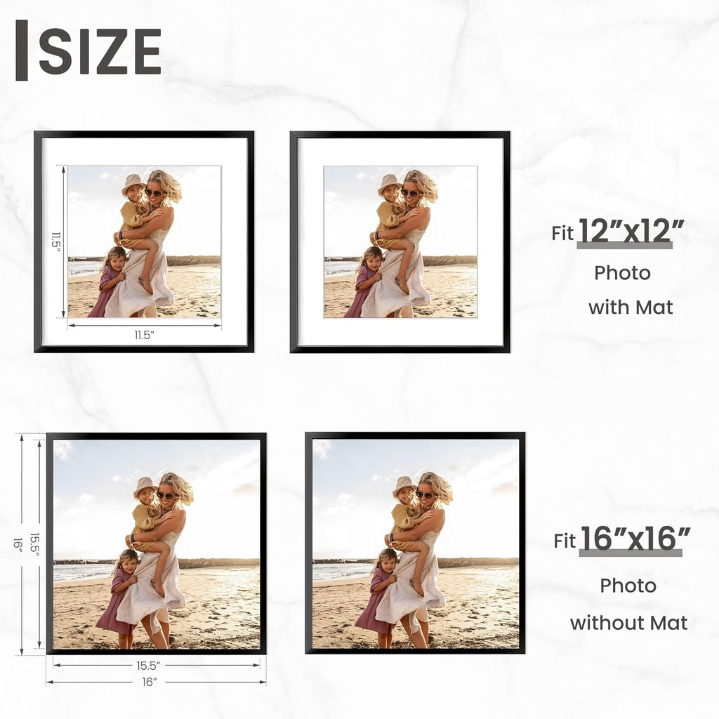 Heimlove 16x16 inch Black Square Picture Frame, 16x16 Aluminum Photo Frame, Standard Square Versatile Wall Display Frames Photo Frames For 12x12 with Mat, Wall Hook Included - (Set of 1 - Black)