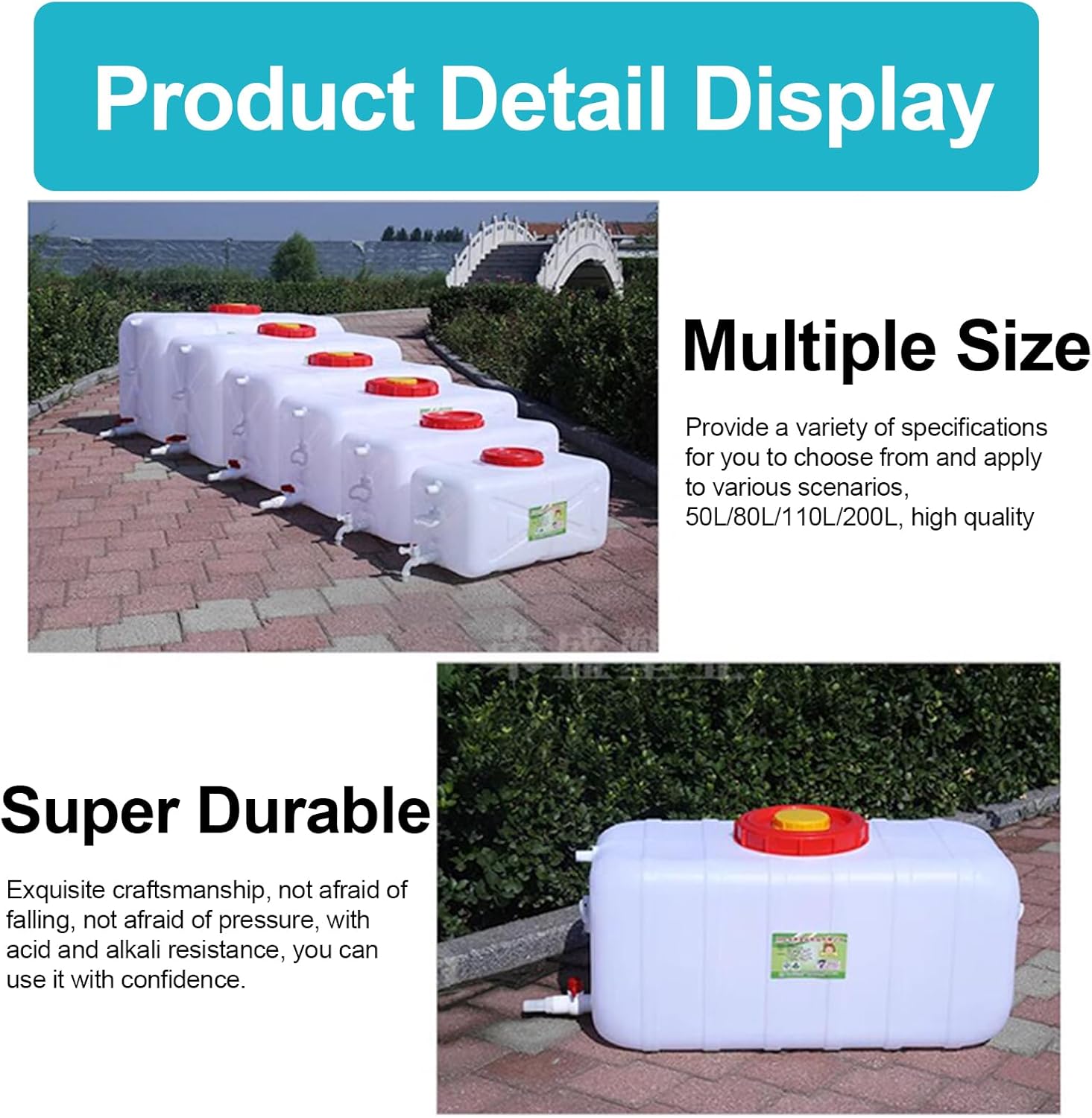 Heavy Duty Water Container Plastic Water Storage Carrier with Tap 50l 80l 110l 200l Water Tank Water Bottle Dispenser for Camping Caravan Hiking Outdoor(Size:50L)