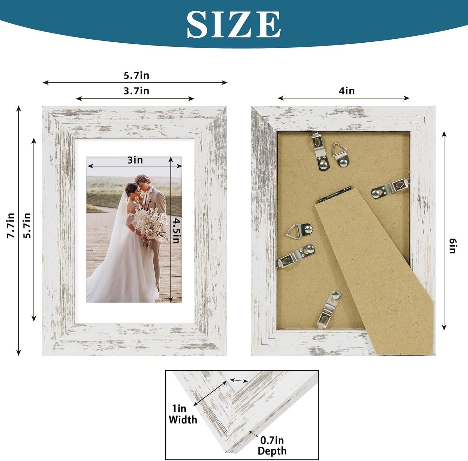 4x6 Picture Frame Set of 4, Made of Real Glass and Distressed White Wooden Frame, 4 by 6 Photo for Wall or Tabletop - Display Picture 3.5x5 with Mat or 4x6 Without Mat
