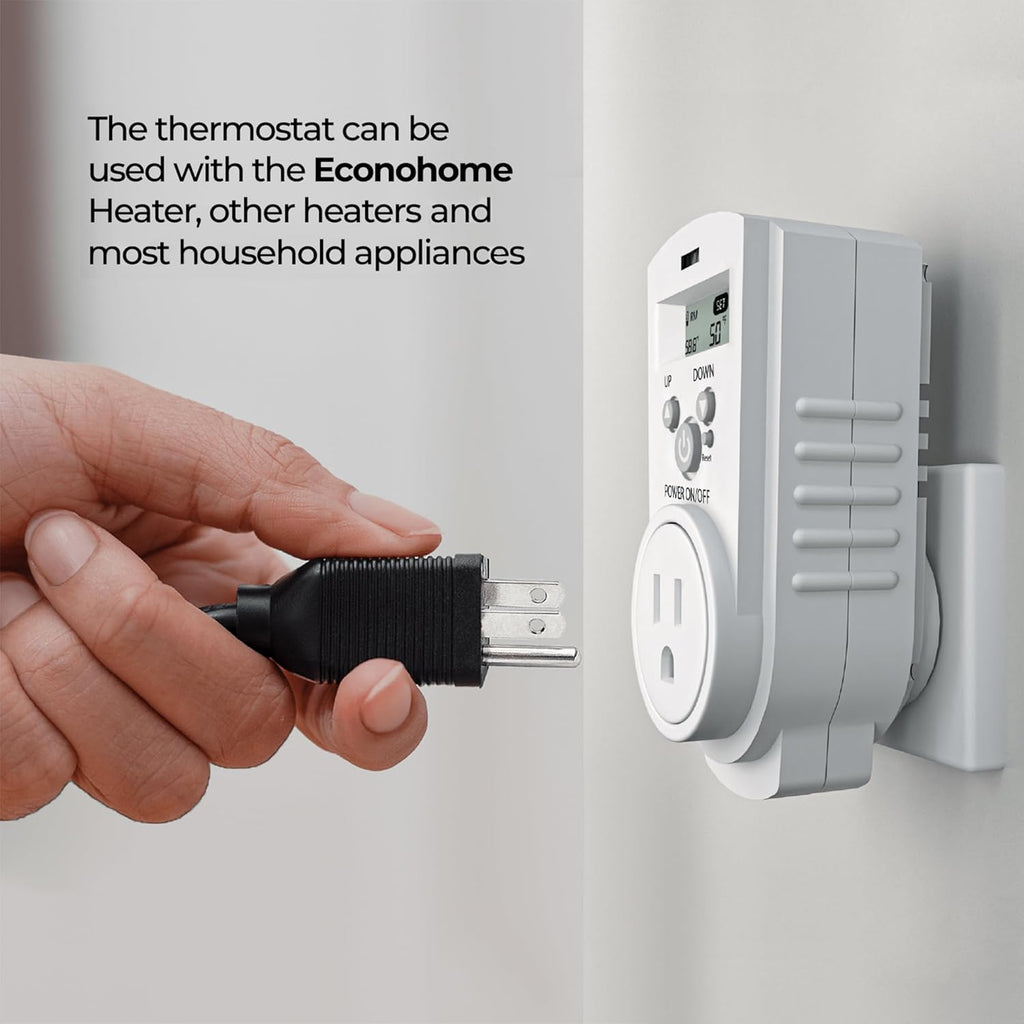 EconoHome Digital Plug in Thermostat - Programmable Thermostat with LCD Screen, Temperature Control & Power Buttons - Compatible with Wall Mount & Portable Heater, Air Cooler, Greenhouse Fans