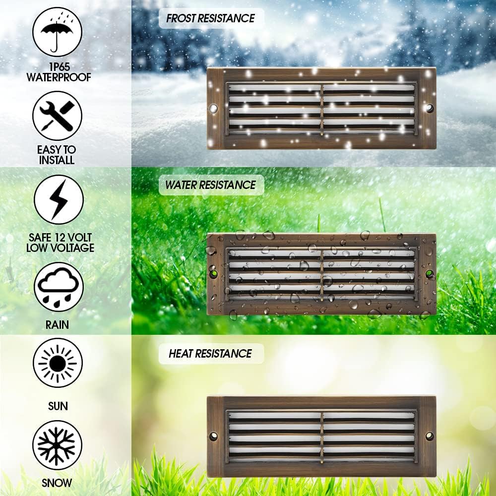 LED Step Lights Brass Stair Lights - Outdoor Deck Lights Low Voltage Landscape Lights, Solid Brass Stairway Lighting, Outdoor Fence lights, Paver Lights, Hardscape Lighting with LED Bulb (9" Wide)
