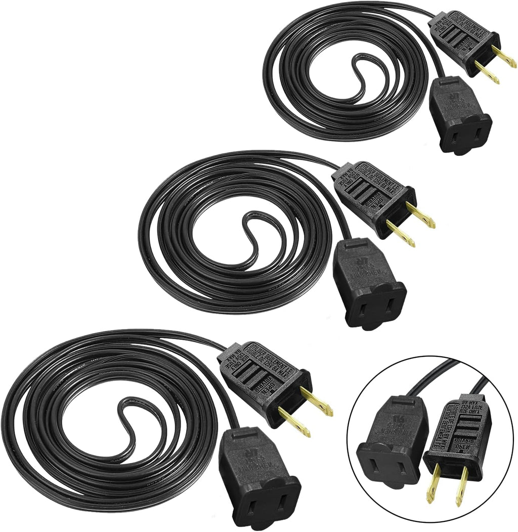 3 Pack Black Extension Cord 6 Feet Waterproof, 2 Prong Extension Cords with 2 Pole Brass Straight Blades Polarized Plug Short Extension Cords, for Connect/Extend String Light Indoor Outdoor (18Ft)