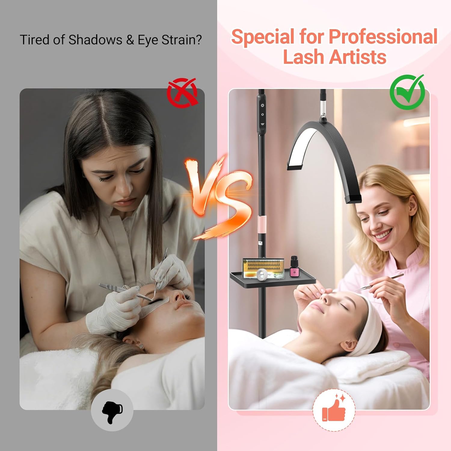 LIONVISON Half Moon Lash Light: 6500K LED Lamp Ring Light with Tray - 360° Flexible Gooseneck Durable Metal Stand - Salon Use for Lash Artists Eyelash Extensions (23In Black)