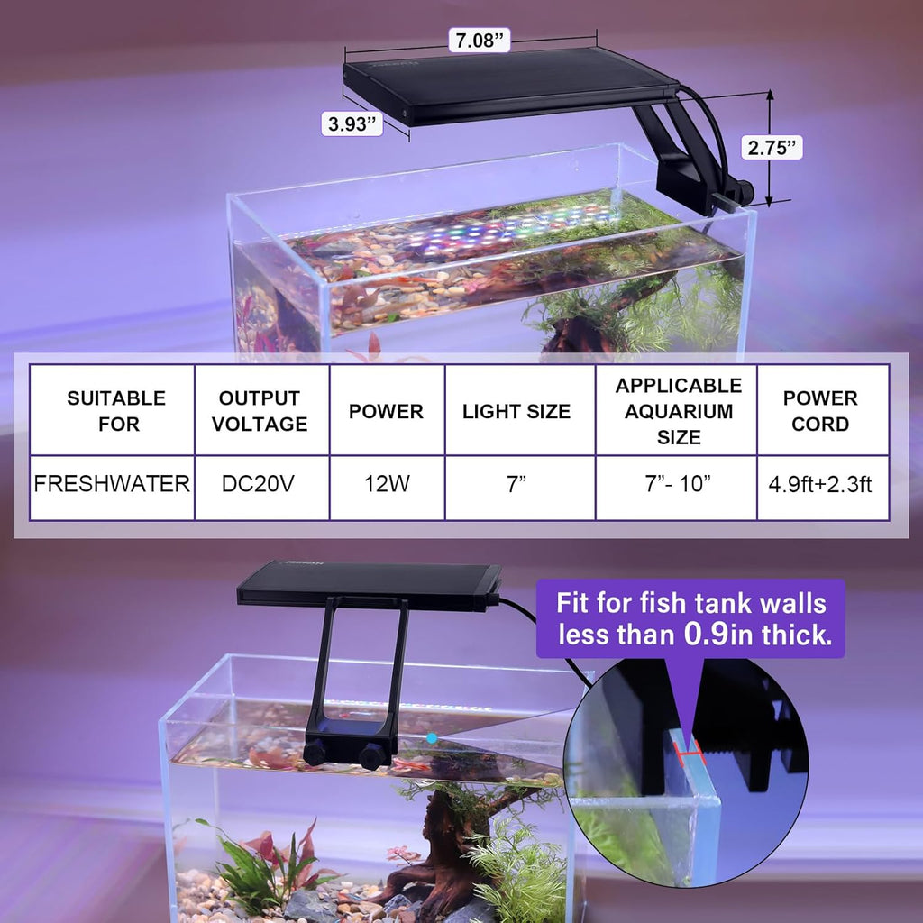 hygger Clip On 24/7 Lighting Aquarium LED Light,Sunrise-Daylight-Moonlight and DIY Mode, Adjustable Timer/Brightness Fish Tank Light with 7 Colors for Planted Tank (12W for 7~10in Tank)