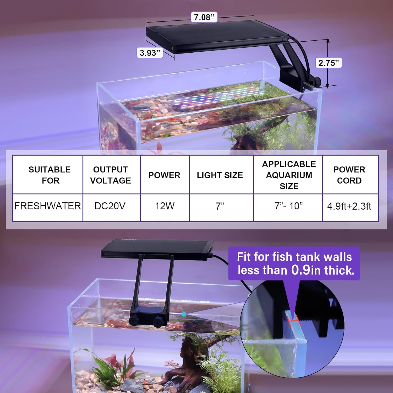 hygger Clip On 24/7 Lighting Aquarium LED Light,Sunrise-Daylight-Moonlight and DIY Mode, Adjustable Timer/Brightness Fish Tank Light with 7 Colors for Planted Tank (12W for 7~10in Tank)