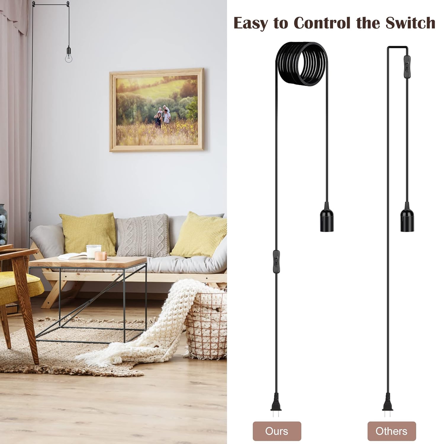 JACKYLED UL-Listed 20Ft Extension Hanging Lantern Cord Cable 2-Pack JACKYLED 360W with E26 E27 Socket On/Off Button Pendant Lighting(Black)