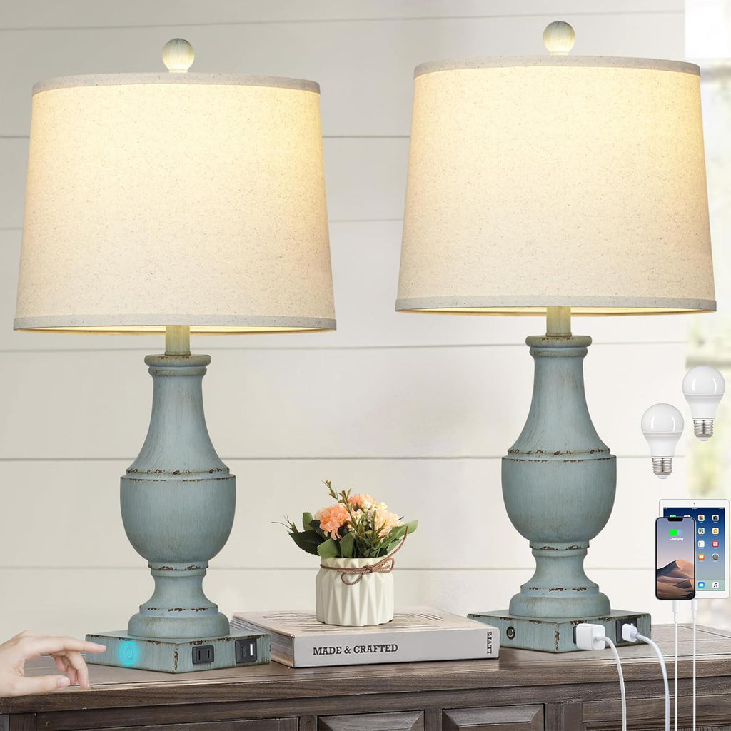 Farmhouse Table Lamps, Rustic 26" Touch Control Bedside Lamps with USB A+C Charging Ports & AC Outlet, Vintage 3-Way Dimmable Traditional Classic Nightstand Lamp for Living Room Bedroom Office Decor