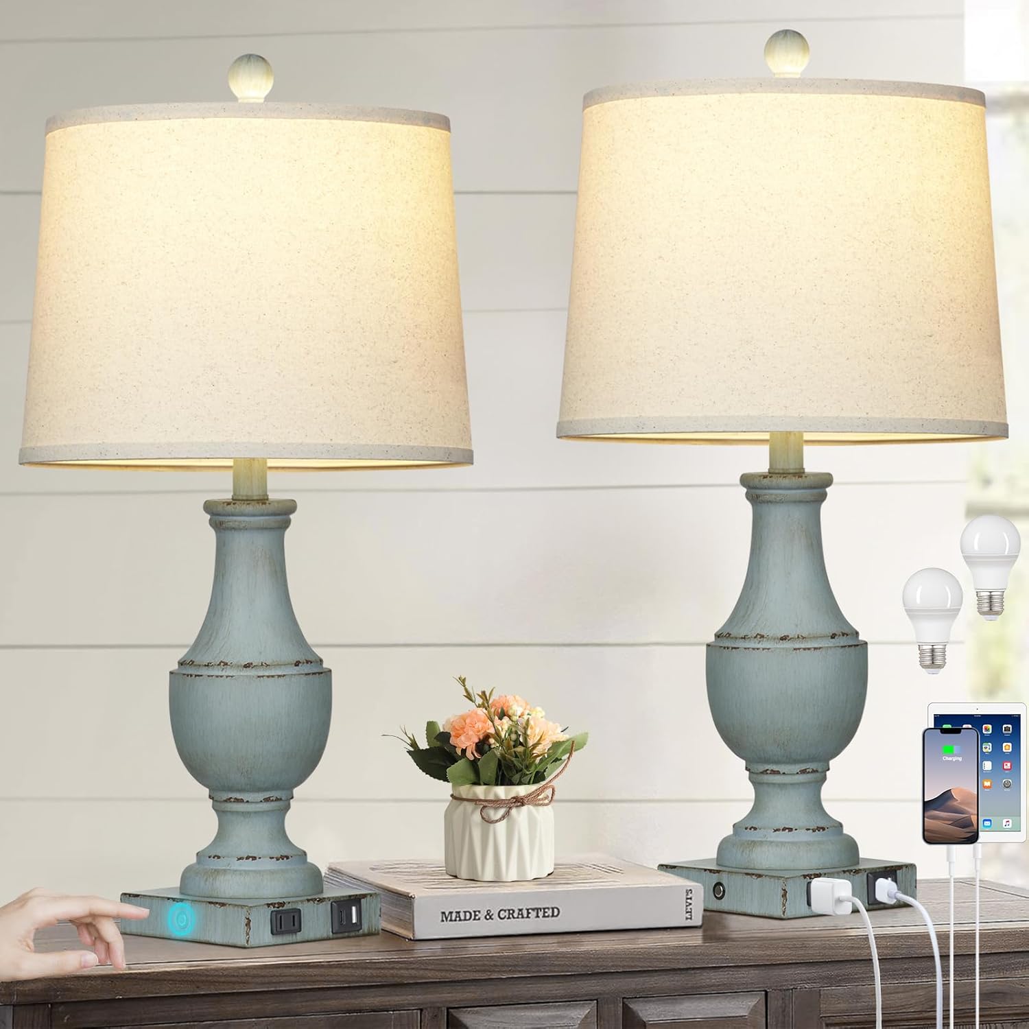 Farmhouse Table Lamps, Rustic 26" Touch Control Bedside Lamps with USB A+C Charging Ports & AC Outlet, Vintage 3-Way Dimmable Traditional Classic Nightstand Lamp for Living Room Bedroom Office Decor