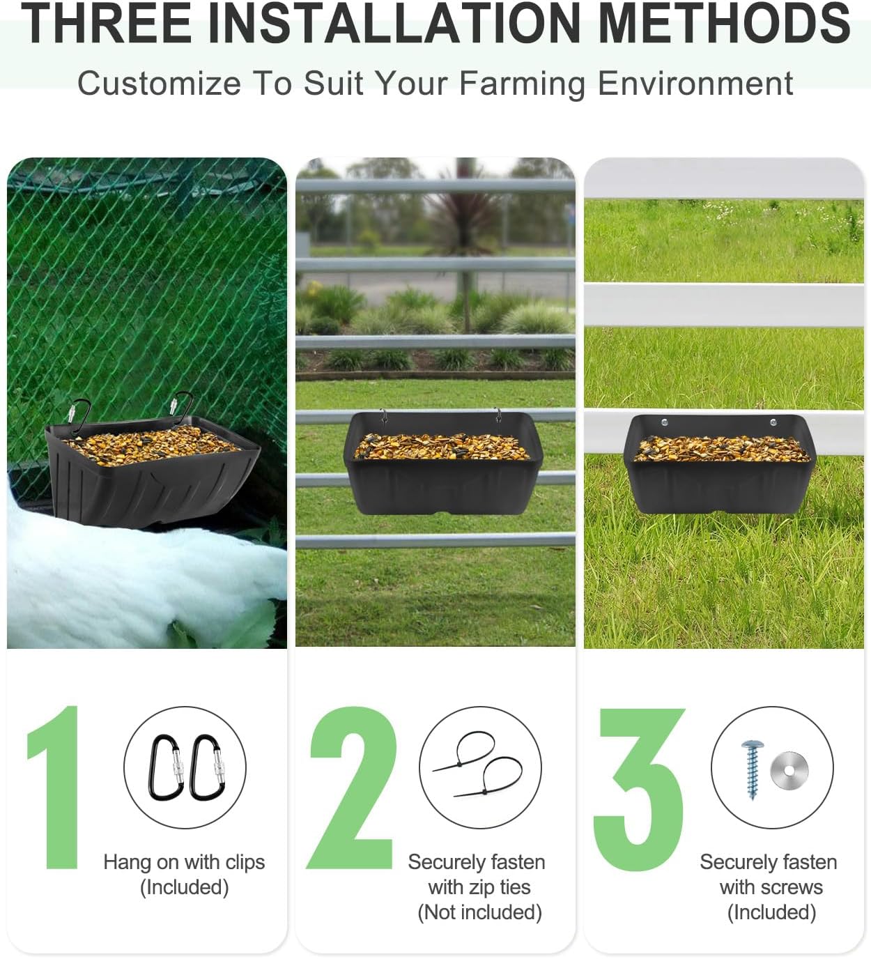 Chicken Feeder, 3 Pack, Poultry Feeders and Waterers, Hanging Goat Feeder, Livestock Fence Feeder, Feed Trough and Waterer Bucket with Clips, Black