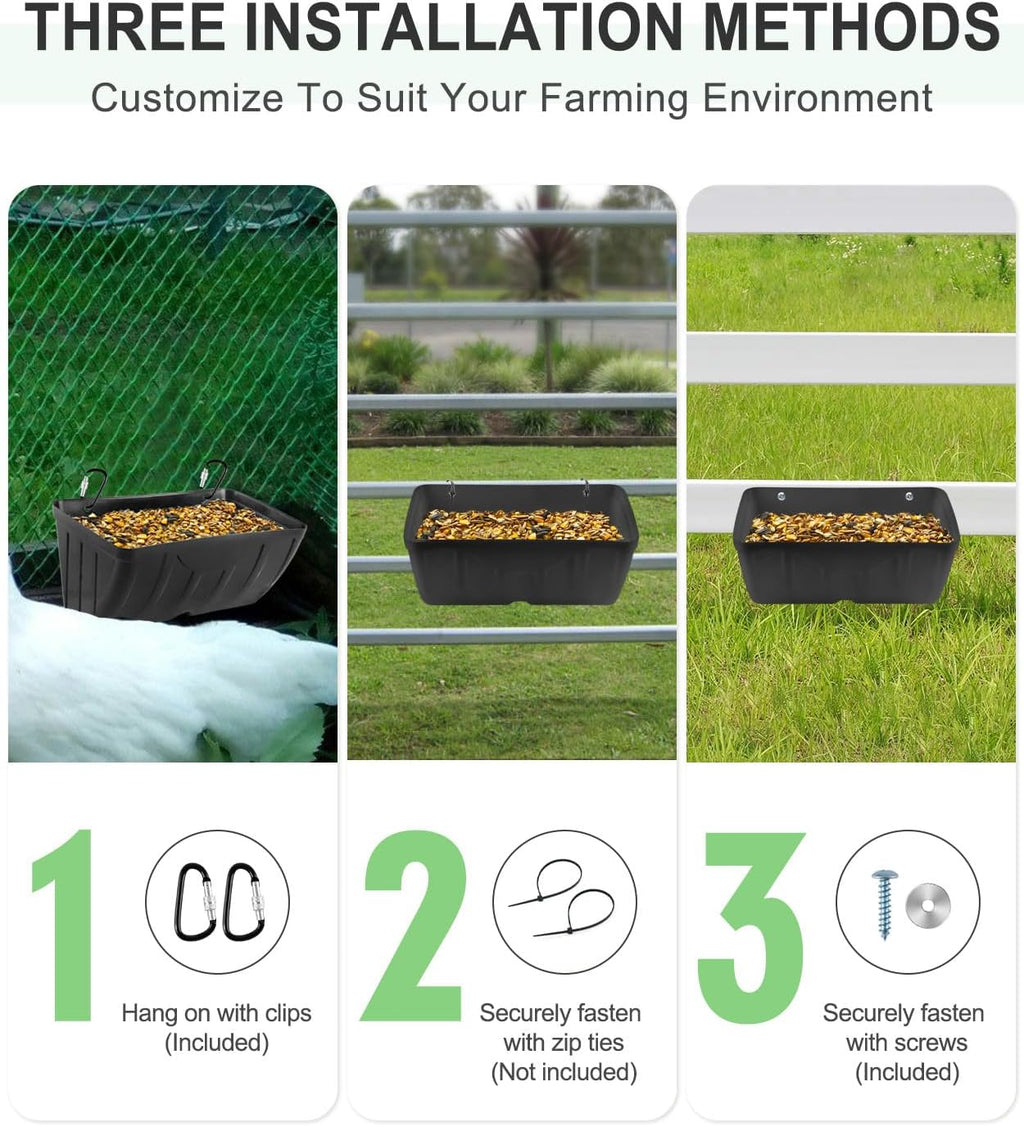 Chicken Feeder, 2 Pack, Poultry Feeders and Waterers, Hanging Goat Feeder, Livestock Fence Feeder, Feed Trough and Waterer Bucket with Clips, Black