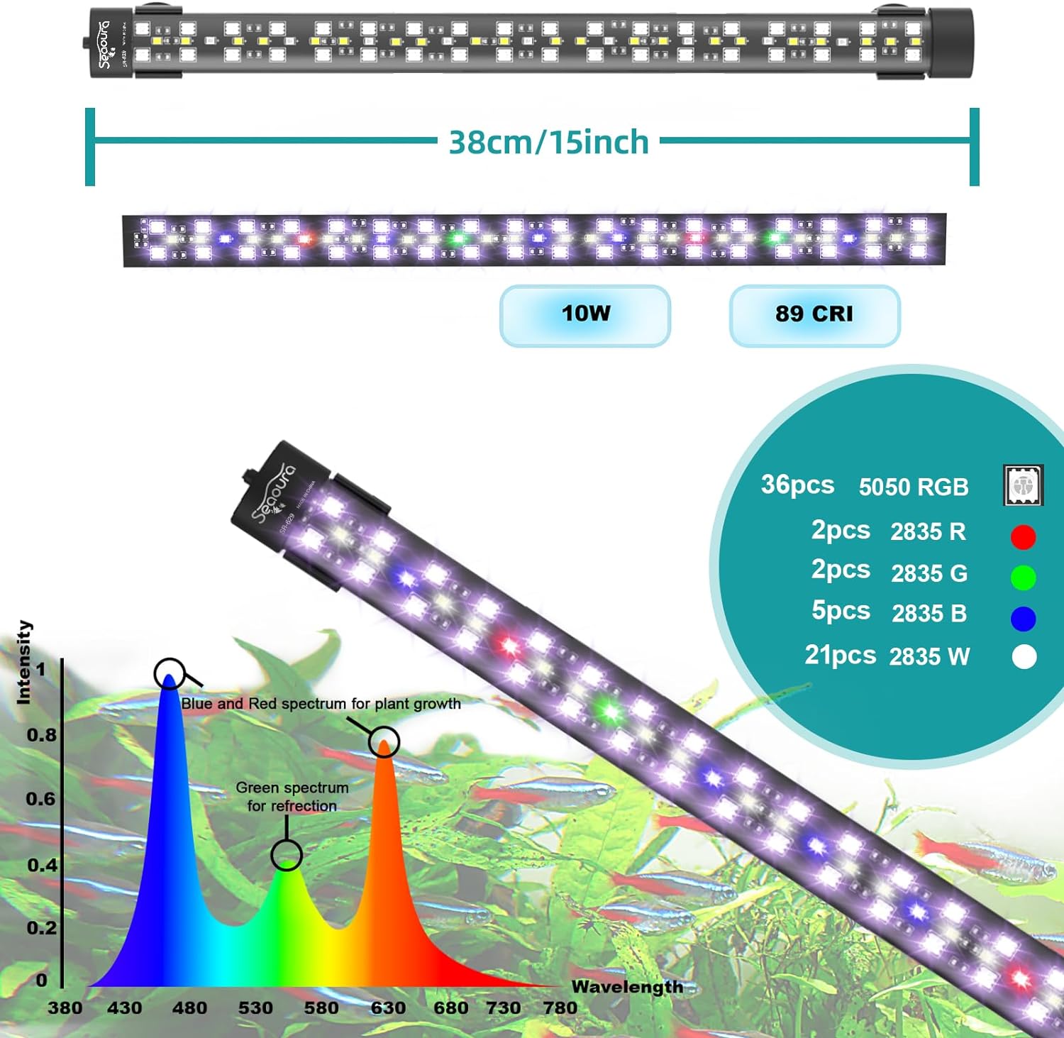 SEAOURA Submersible Aquarium Light for 16 to 27 Inch Fish Tank, 24/7 Cycle Fish Tank Light with Timer, Aquarium Plant Light with Full Spectrum+7 Single Colors, Auto On/Off, Adjustable Brightness