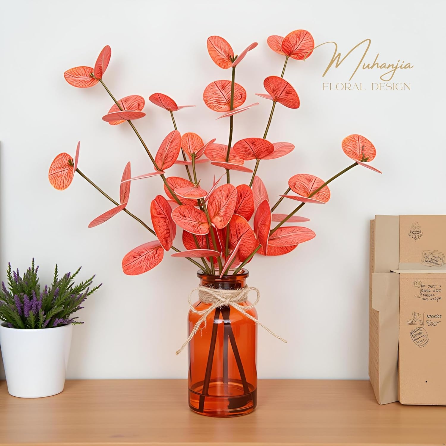 Artificial Eucalyptus Stems in Amber Glass Vase with Faux Water,3Pcs Fake Plant with Double-Sided Orange Leaves for Centerpiece (Double-Sided Orange Eucalyptus)