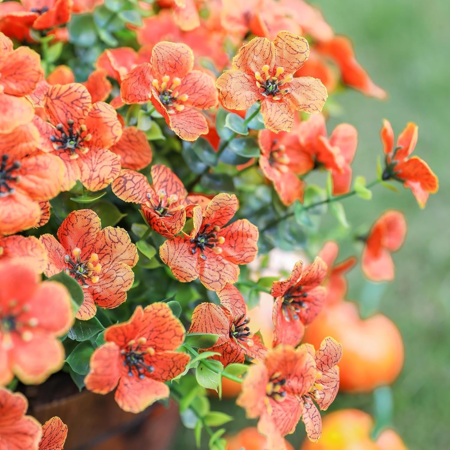 HyeFlora Artificial Flowers for Outdoor Indoor Garden Home Decoration, Faux Flower Daisy with Eucalyptus Leaves Fake Plants Greenery Boxwood Porch Patio, 12 Bundles Orange