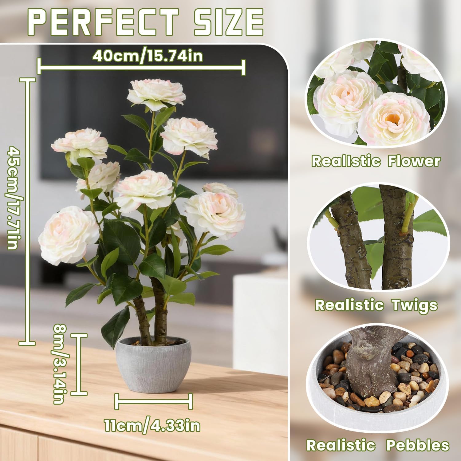TOARTi Artificial Camellia Potted Plant with Stone Pot, 20.5" Tall Fake Potted Flowers Faux Desk Plant, Realistic Decorative Plants Indoor Decor for for Home Bedroom Bathroom Office Desk