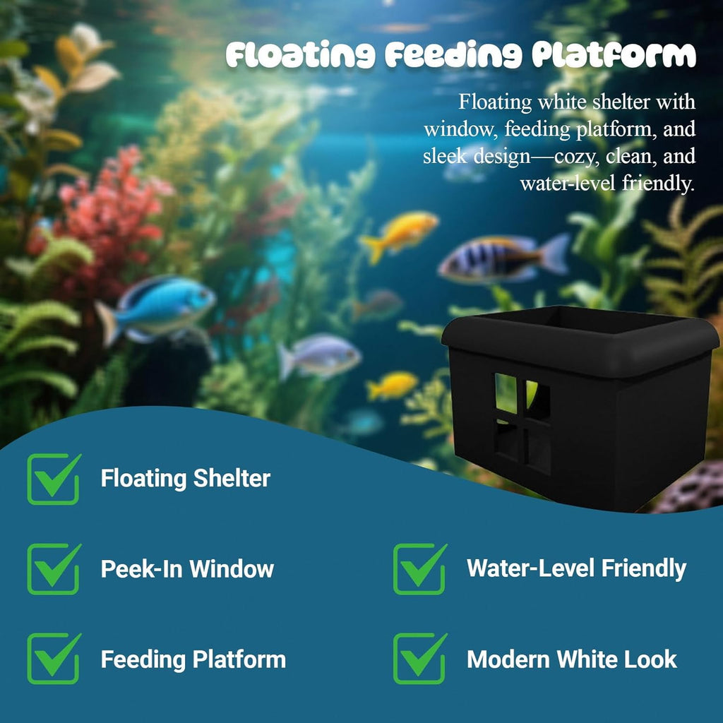 Black Floating Betta Fish Hideout with Window – Sleek 3D Fish Breeding Box & Shelter – Floating Feeding Platform for Betta Tanks – Rest Cave Decor for Small Aquariums (3.67"x2.87"x2.16")