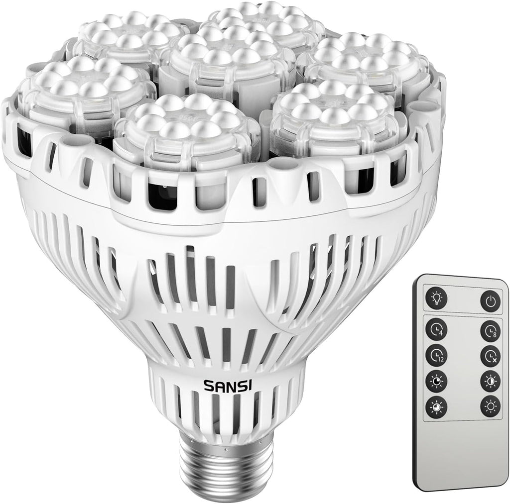 SANSI Dimmable Grow Light Bulb Full Spectrum, High PPFD 40W (600 Watt Equiv) with Remote, Auto On Off Timing 4 8 12 Hrs, Energy Saving Plant Light Bulb with E26 Base for Indoor Plants