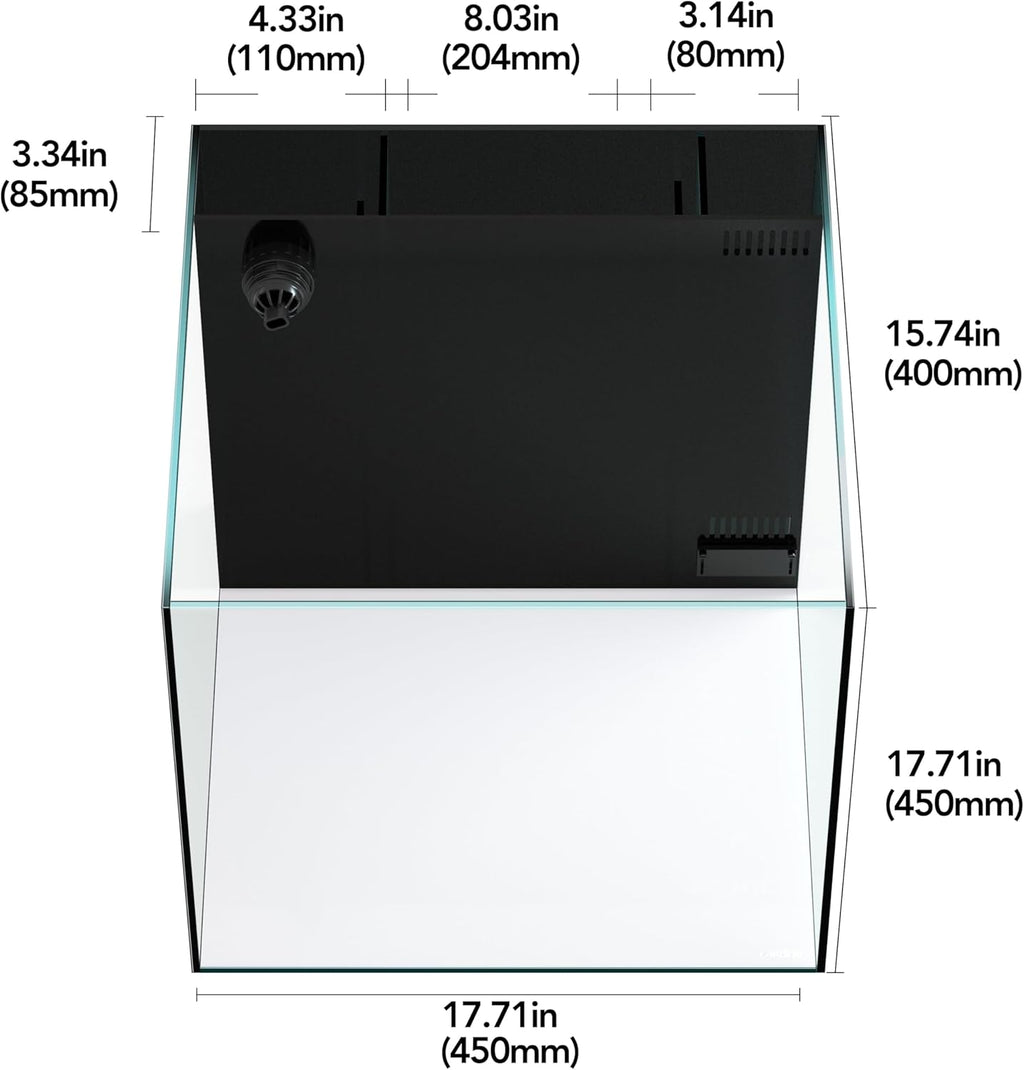 Landen 45P 15 Gallon Ultra Clear All Glass Rimless Low Iron Aquarium Tank with Rear Filtration Chamber(Return Pump Included)for Salt and Fresh Water.17.7''Wx17.7''Dx15.8''H in(45x45x40cm)6mm Thickness