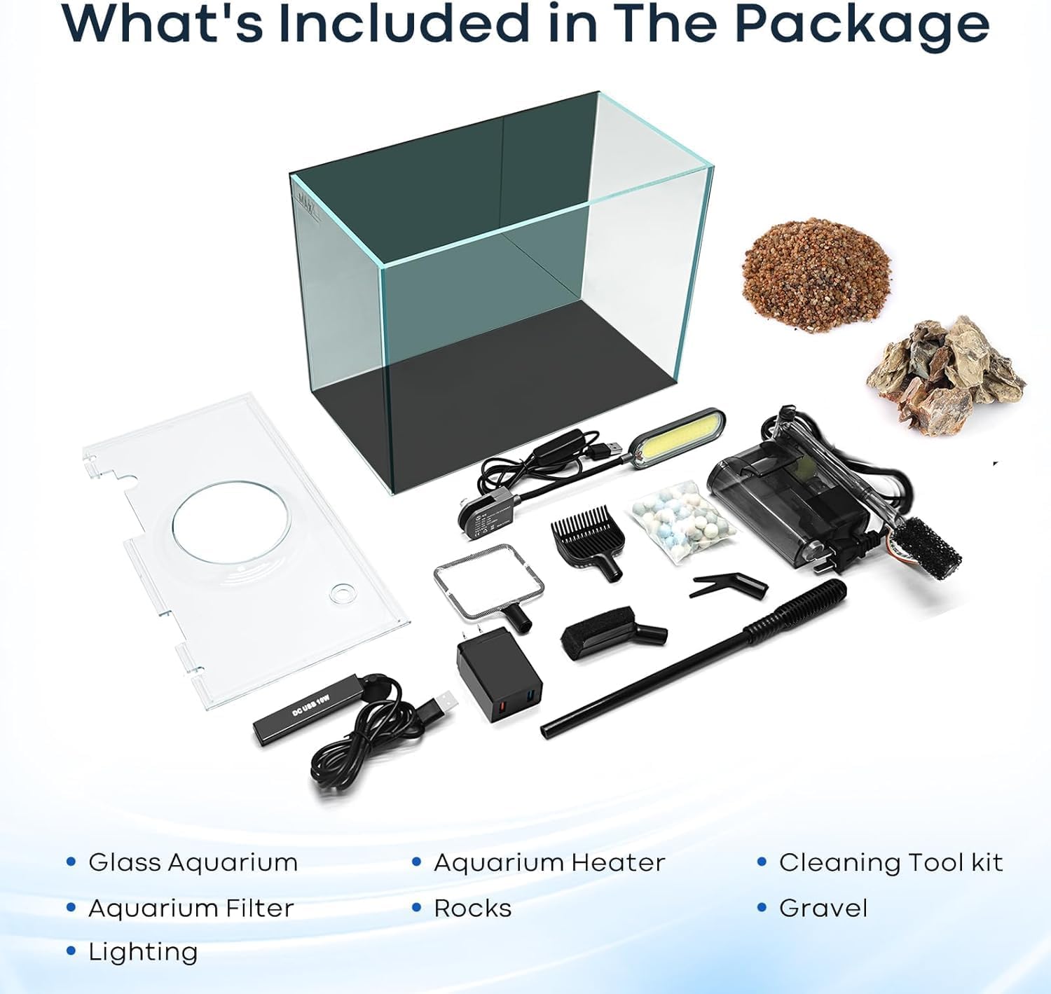 Small Aquarium Set Glass 2.6 Gallon Fish Tank, Starter Kit with Heater Self Cleaning System Efficiency Filter Bright Light Rocks Gravel Cleaning Tool, Leak-Proof Ultra-Clear Rimless Desktop Betta Tank