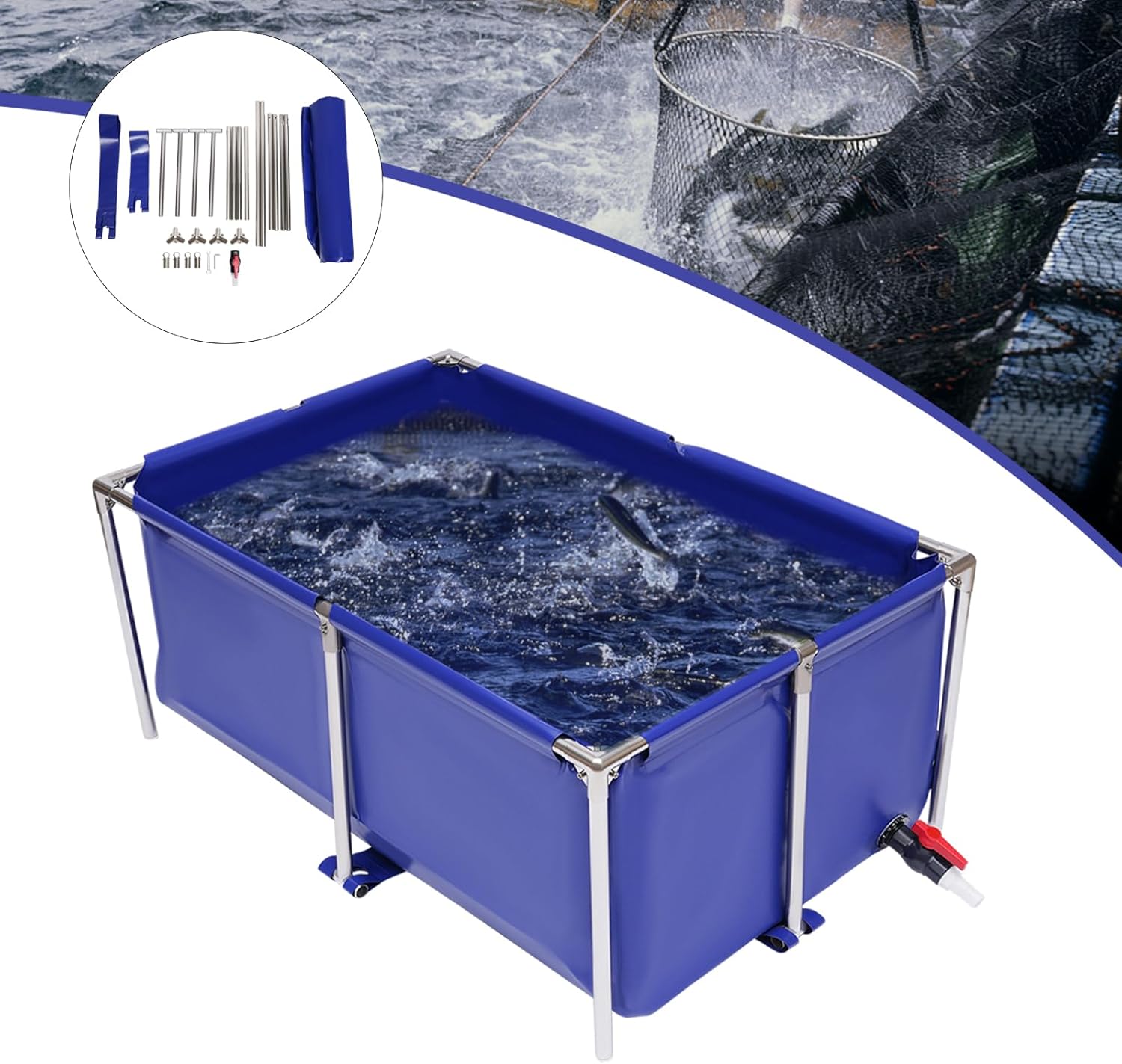 Canvas Fish Pond, Foldable Water Storage Pond Modern Blue Aquarium Fish Water Tank with T-Shaped Steel Frame, Rectangle Canvas Show Tank for The Cultivation of Lobster
