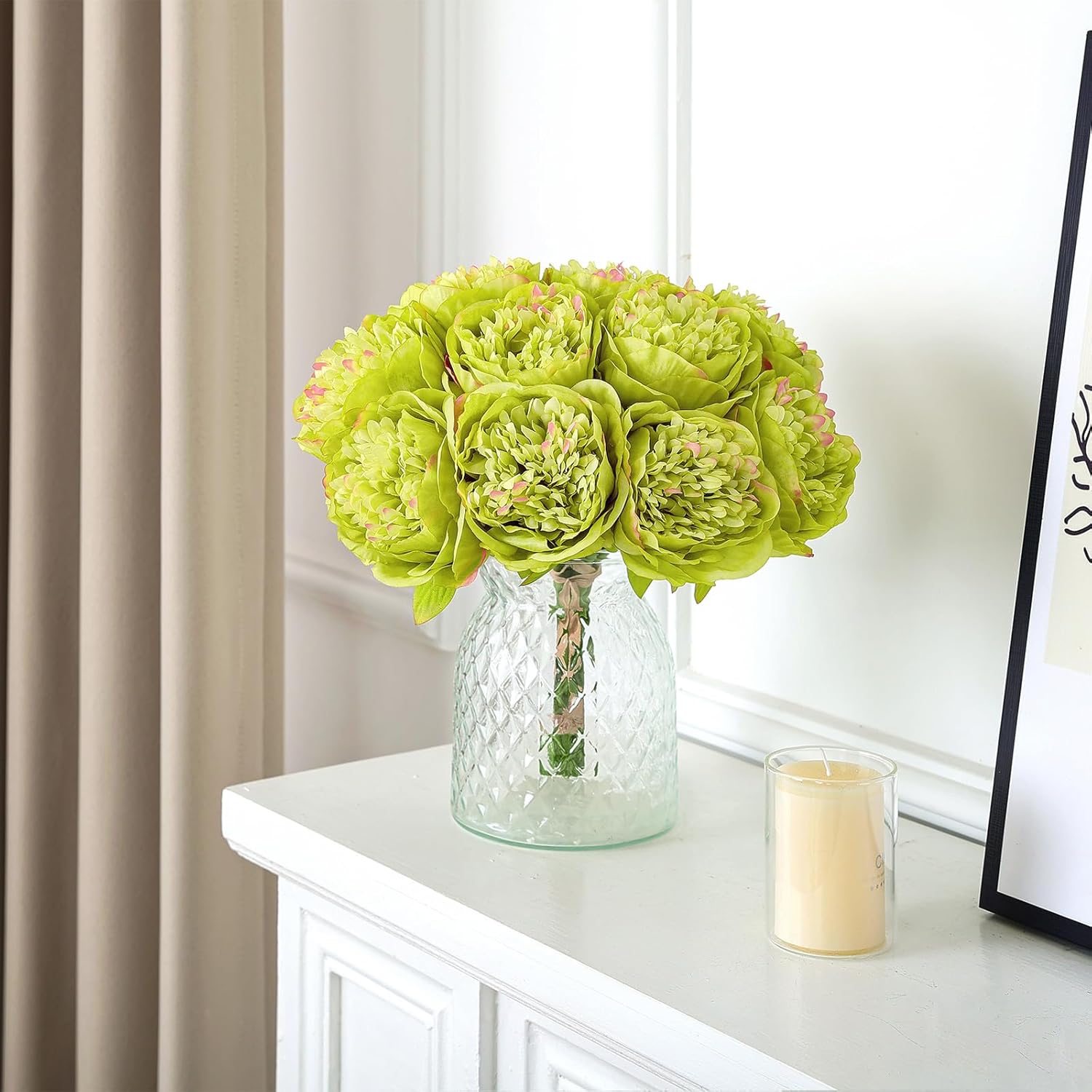 U'Artlines 10 Heads Artificial Peony Silk Flower Leaf Home Office Wedding Party Festival Bar Decor (Green)