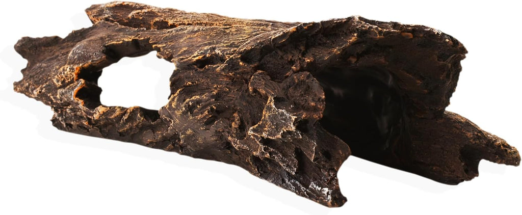 Reptile Hide 10.5 Inch Natural Looking Driftwood Aquarium Decor | Hideout for Amphibians, Bearded Dragons, Geckos, Lizards & Fish | Hollow Log with Life-Like 7" Monstera Plant | Terrarium & Tank Decor
