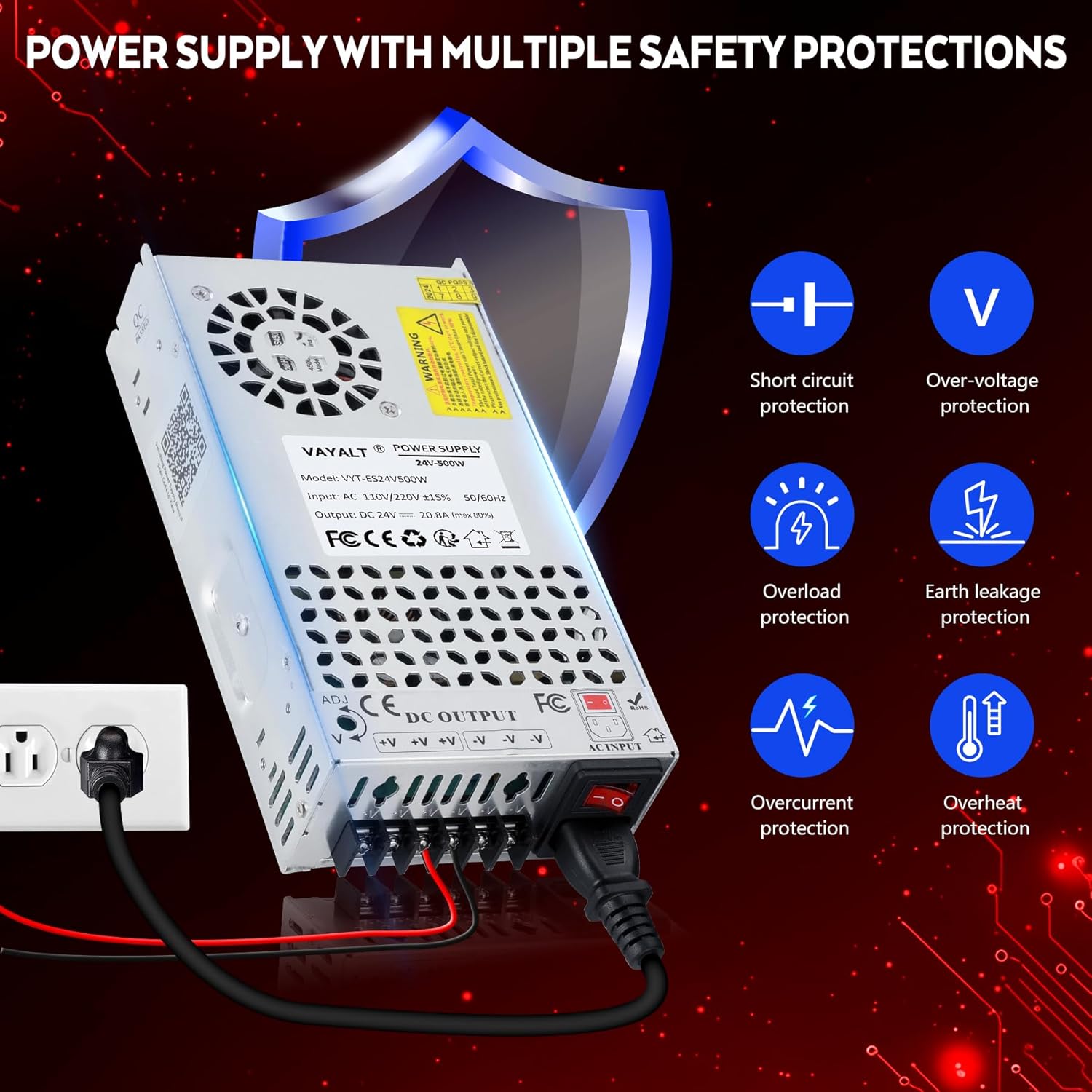 VAYALT 24V 20.8A 500W DC Switching Power Supply, Universal Regulated Switching AC 110V/220V to DC 24V Transformer, 24V Power Supply for Industrial, CCTV, Computer Project, 3D Printer, LED Strip Light
