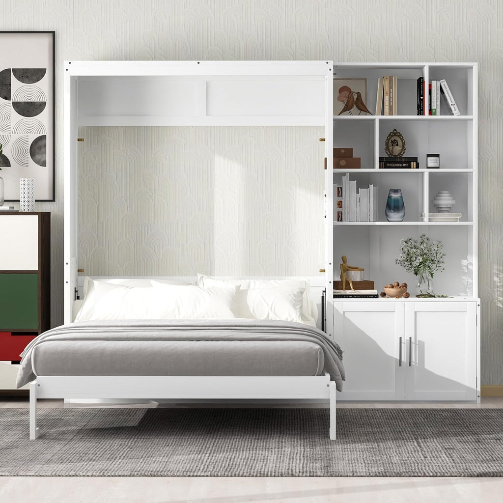 MERITLINE Full Murphy Bed with Storage Bookcase Shelves and Cabinet,Wood Folding Murphy Wall Bed Cabinet for Adults,White