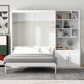 MERITLINE Full Murphy Bed with Storage Bookcase Shelves and Cabinet,Wood Folding Murphy Wall Bed Cabinet for Adults,White