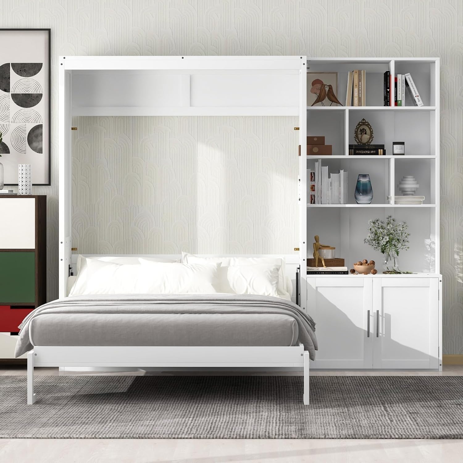 MERITLINE Full Murphy Bed with Storage Bookcase Shelves and Cabinet,Wood Folding Murphy Wall Bed Cabinet for Adults,White