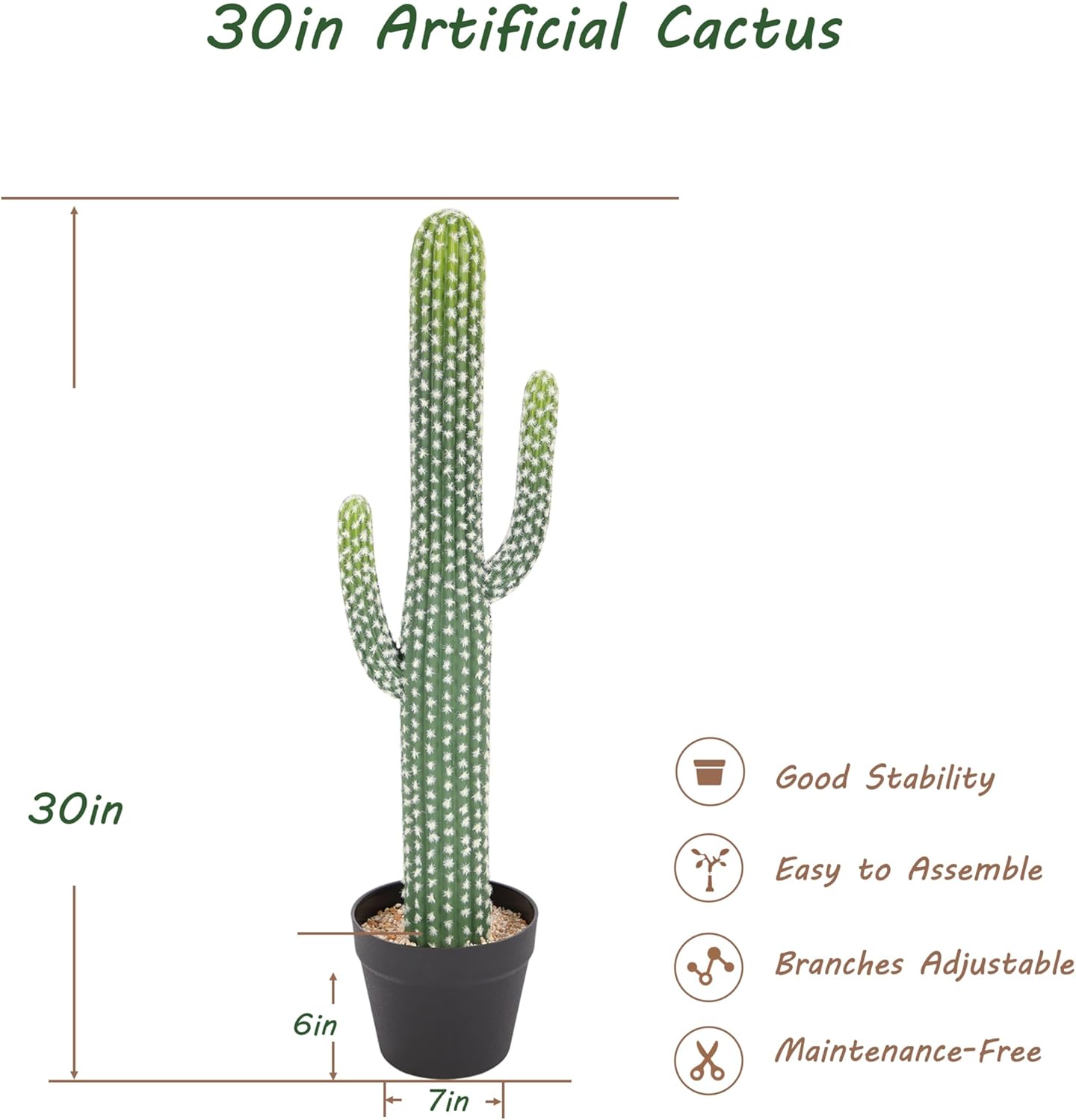 bellacat 30in UV Resistant Fake Cactus, Realistic Faux Cactus Plants Indoor with Black Pot, Artificial Cacti for Table Living Room Porch Office Indoor & Outdoor Decor