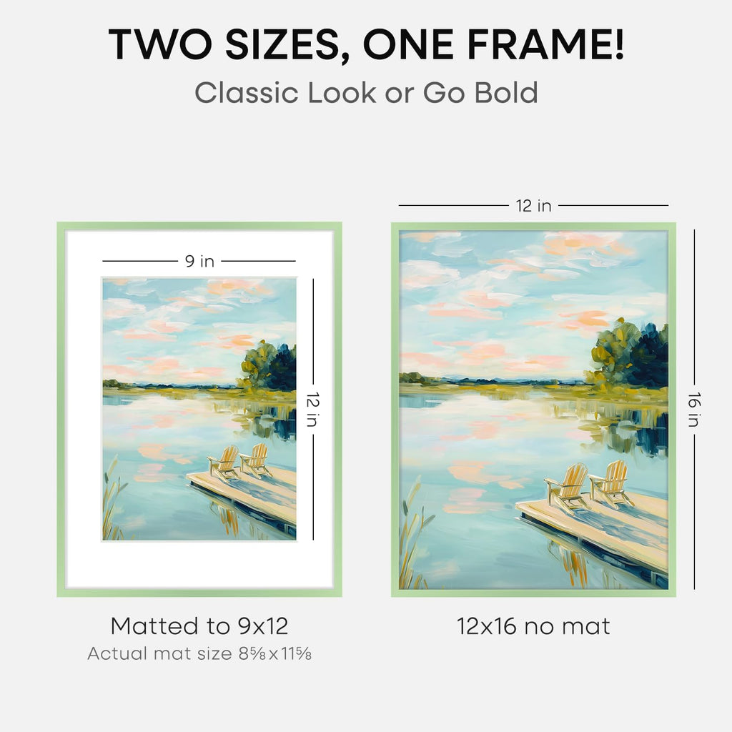 Homeforia 12x16 Sage Green Picture Frame, High End Metal 12x16 Poster Frames with Mat 9x12 Photo, 12 x 16 Sage Green Frame Matted to 9 by 12 Art, 16x12 Thin Frames, Tempered Glass, Wall Kit, Set of 1