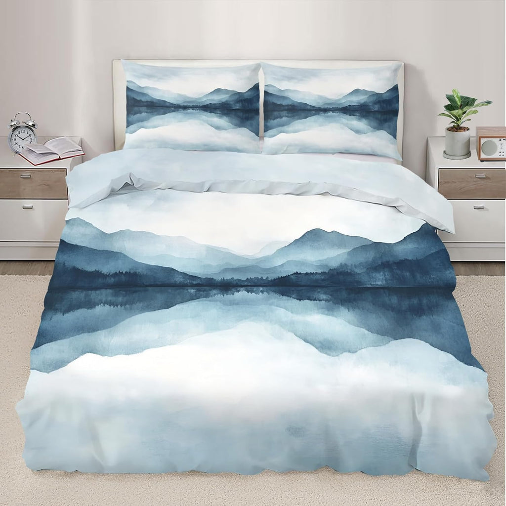 Misty Mountain Duvet Cover California King, Foggy Forest Bedding Set 3 Piece Bedroom Decor Teal Ink Landscape Comforter Cover and 2 Pillow Sham with Zipper Closure