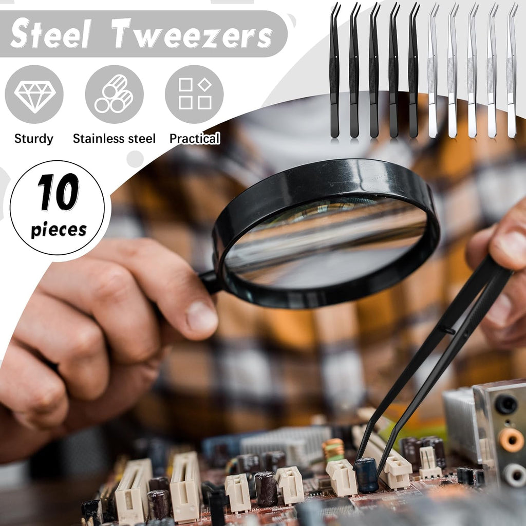 Honoson 10 Pcs Stainless Steel Tweezers for Crafting with Curved Serrated Tip Multipurpose Forceps Sewing Machine Tweezers Bulk (Silver,Black)