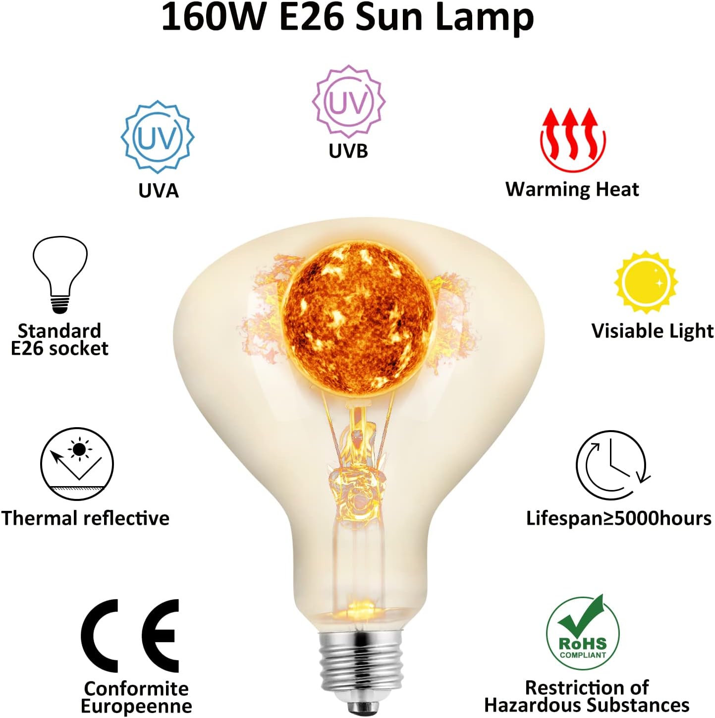 UVA UVB Reptile Light 160W Heat Lamp Bulb, Bearded Dragon Basking Spot Full Spectrum Self-Ballasted Mercury Vapor Bulb for Reptiles and Amphibian