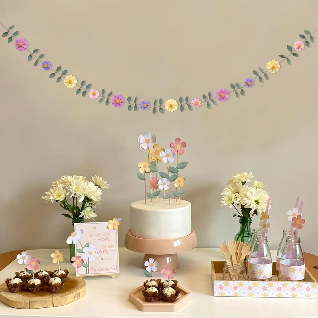 Felt Colorful Daisy Banner - Spring Birthday Wedding Party Decorations,Colorful Flowers Green Leaves Chain Garland,Flower Leaf Party Photo Props,Bohemian Daisy Home Room Hanging Garland