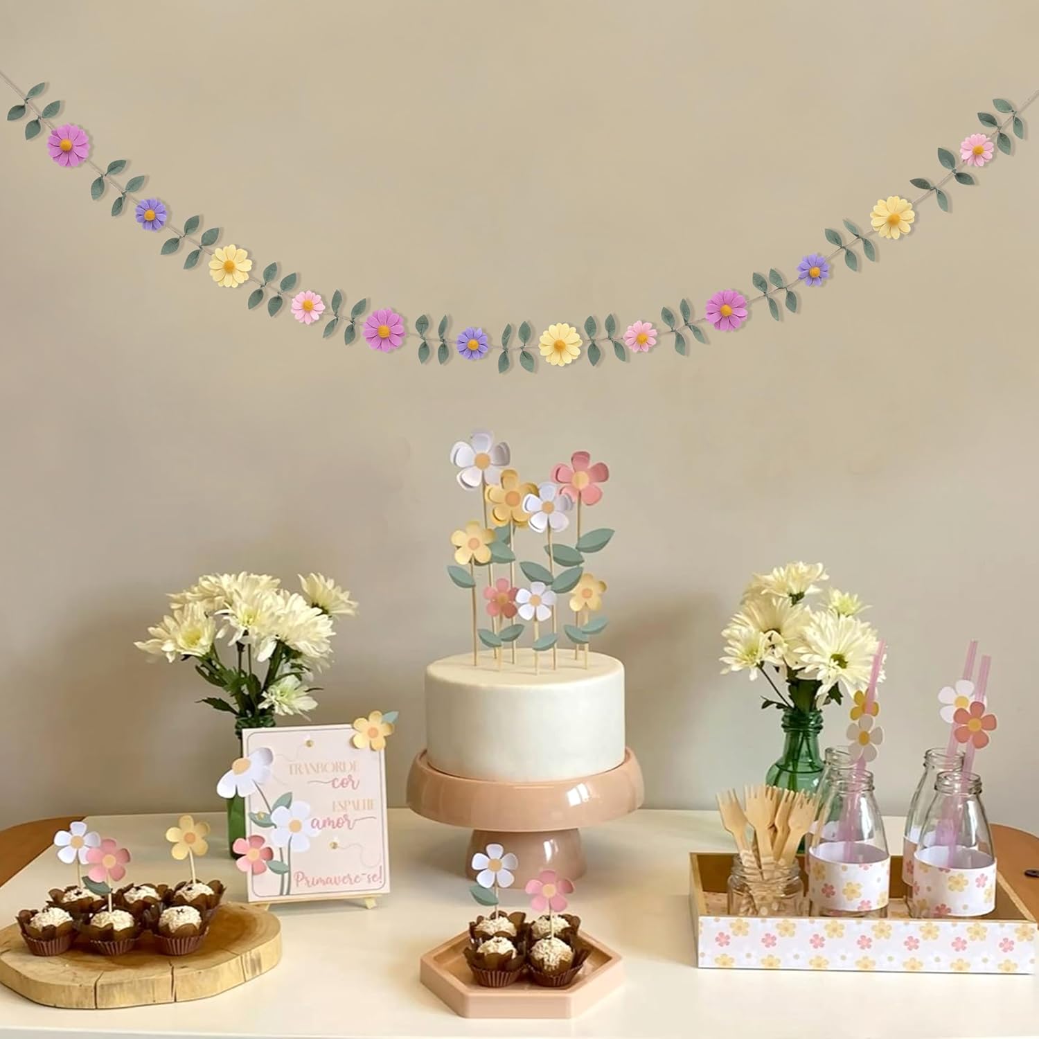 Felt Colorful Daisy Banner - Spring Birthday Wedding Party Decorations,Colorful Flowers Green Leaves Chain Garland,Flower Leaf Party Photo Props,Bohemian Daisy Home Room Hanging Garland