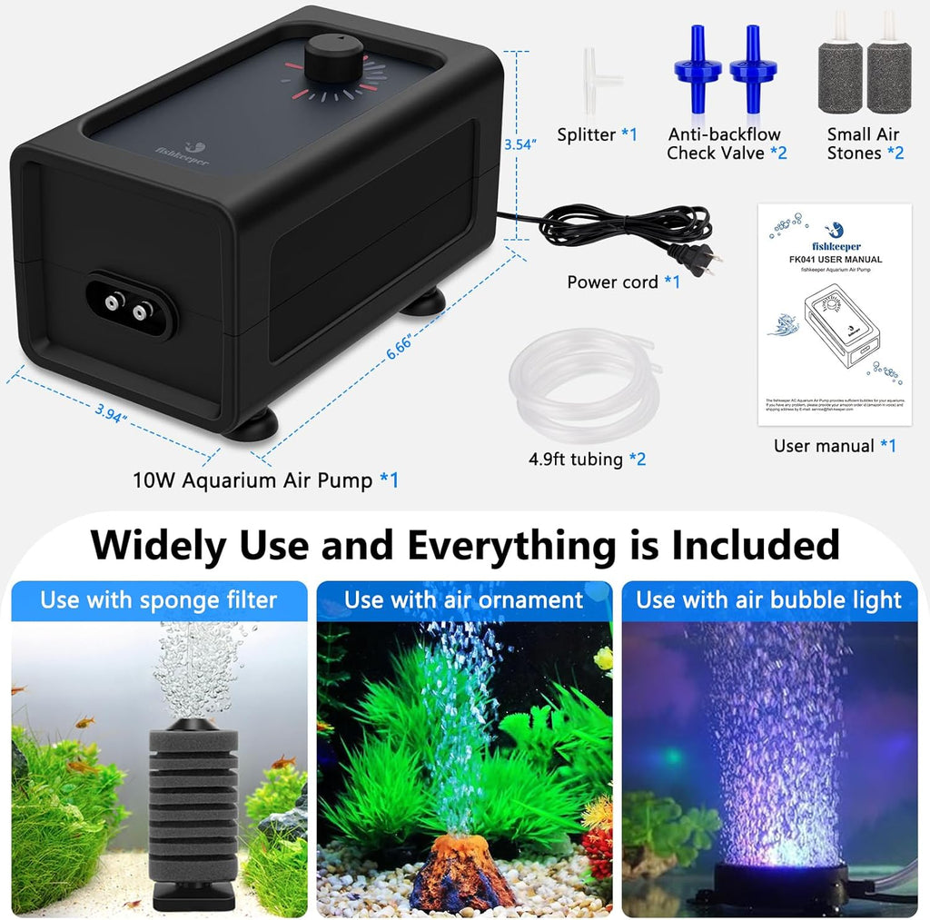 Fishkeeper Aquarium Air Pump, Quiet Powerful Fish Tank Air Pump, 6W/10W Adjustable Oxygen Pump, Metal Dual Outlets Aerator with Air Stone Bubbler for Fish Tank up to 200 Gallon 10W