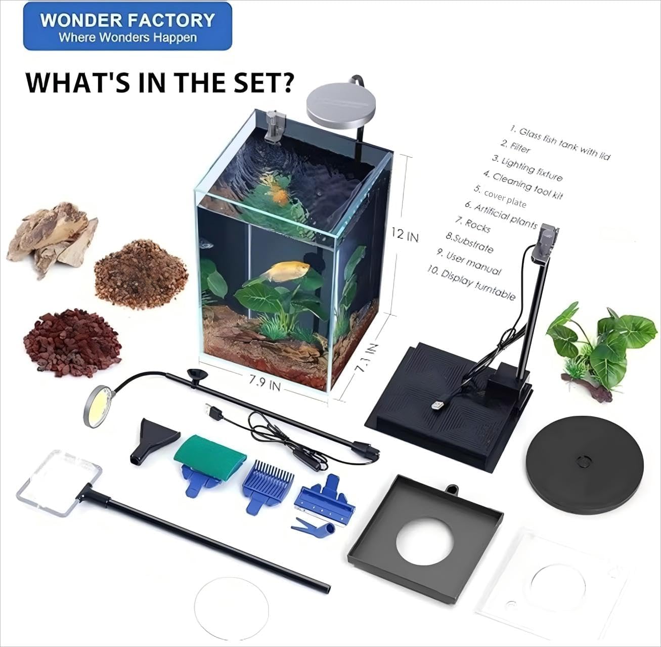 Wonderfactory 3 Gallon Aquarium Fish Tank, Self-Cleaning Betta Fish Tank with Filter and Light, Aquarium Starter kit with Rocks, Plants & Cleaning Tools, Suitable for Beginners and Aquarium Hobbyists