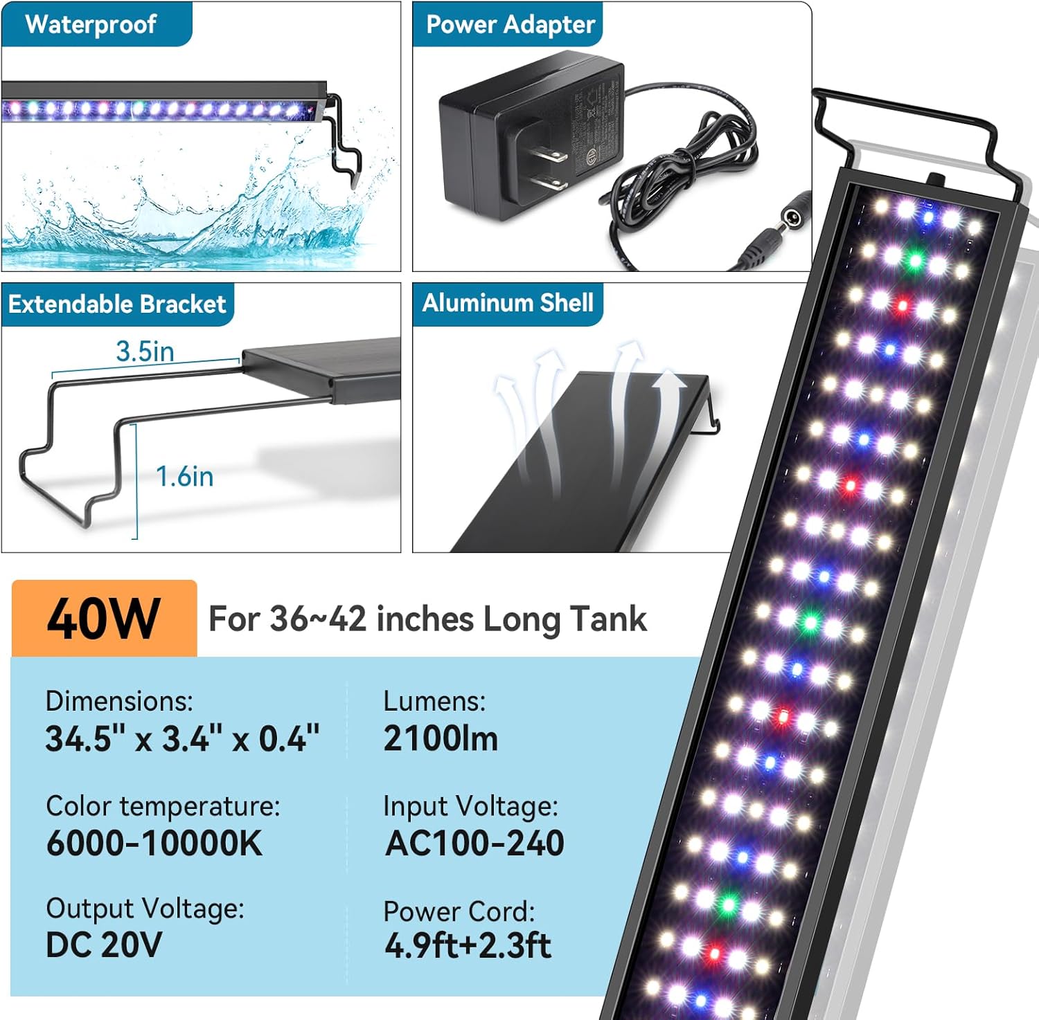 hygger Aquarium LED Light Fish Tank Full Spectrum Lighting with 24/7 Day-Night Cycle Mode & Auto On/Off Timer, 7 Colors Options, Dimmable, Extendable Bracket for 36~42in Freshwater Tank Plant Lights