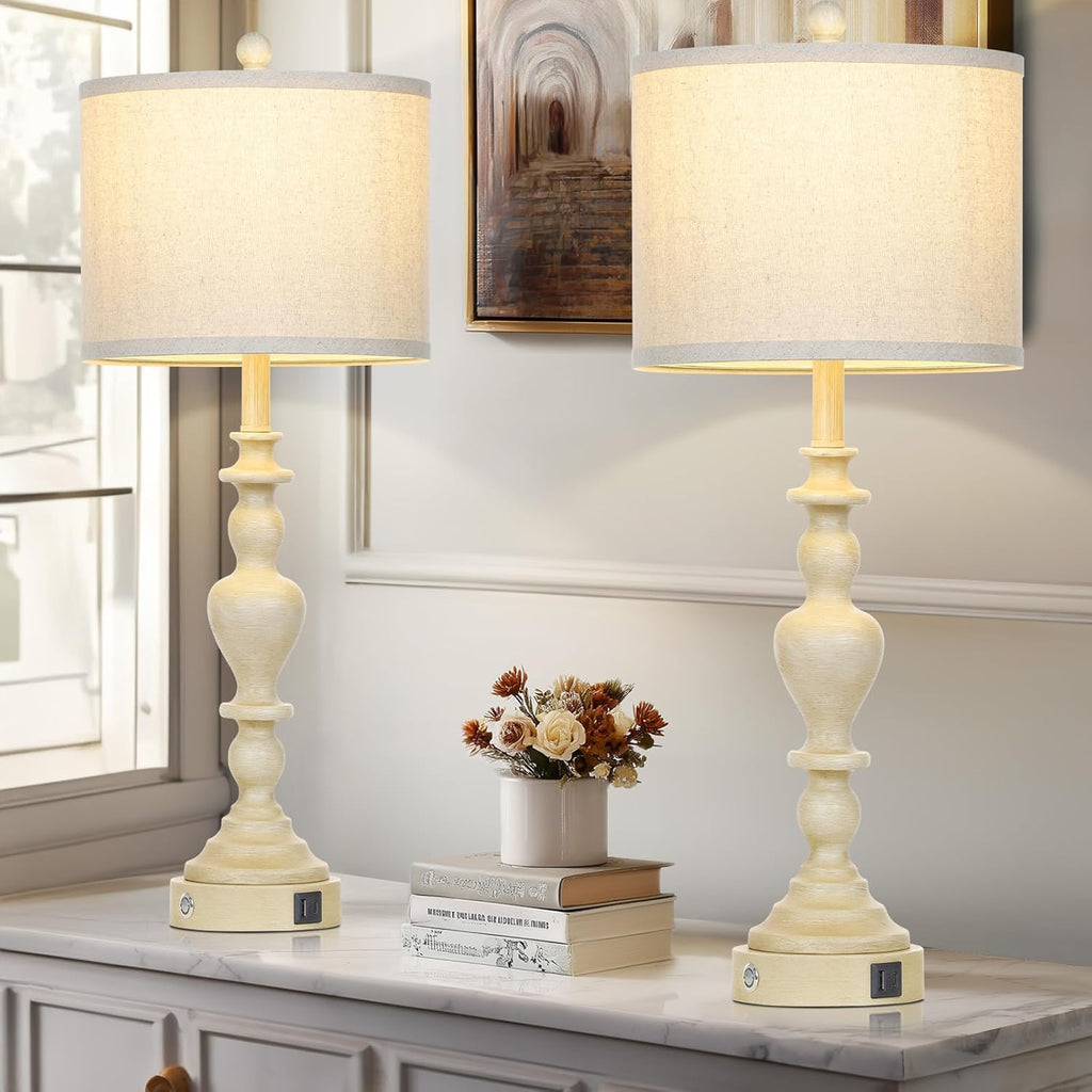 27" Vintage Farmhouse Table Lamps for Living Room Set of 2, Rustic Nightstand Lamps with USB C+A Ports, 3-Way Dimmable Retro Bedside Lamps for Bedroom Office 2 LED Bulbs Included Washed Antique Beige