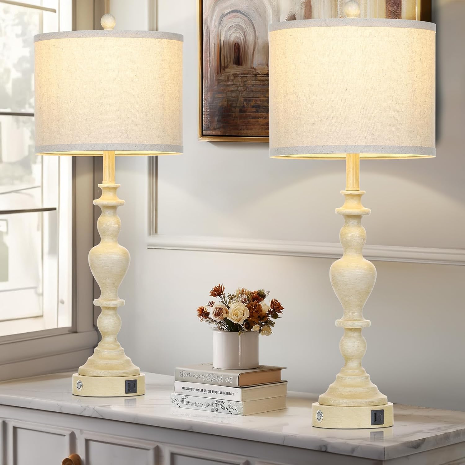 27" Vintage Farmhouse Table Lamps for Living Room Set of 2, Rustic Nightstand Lamps with USB C+A Ports, 3-Way Dimmable Retro Bedside Lamps for Bedroom Office 2 LED Bulbs Included Washed Antique Beige
