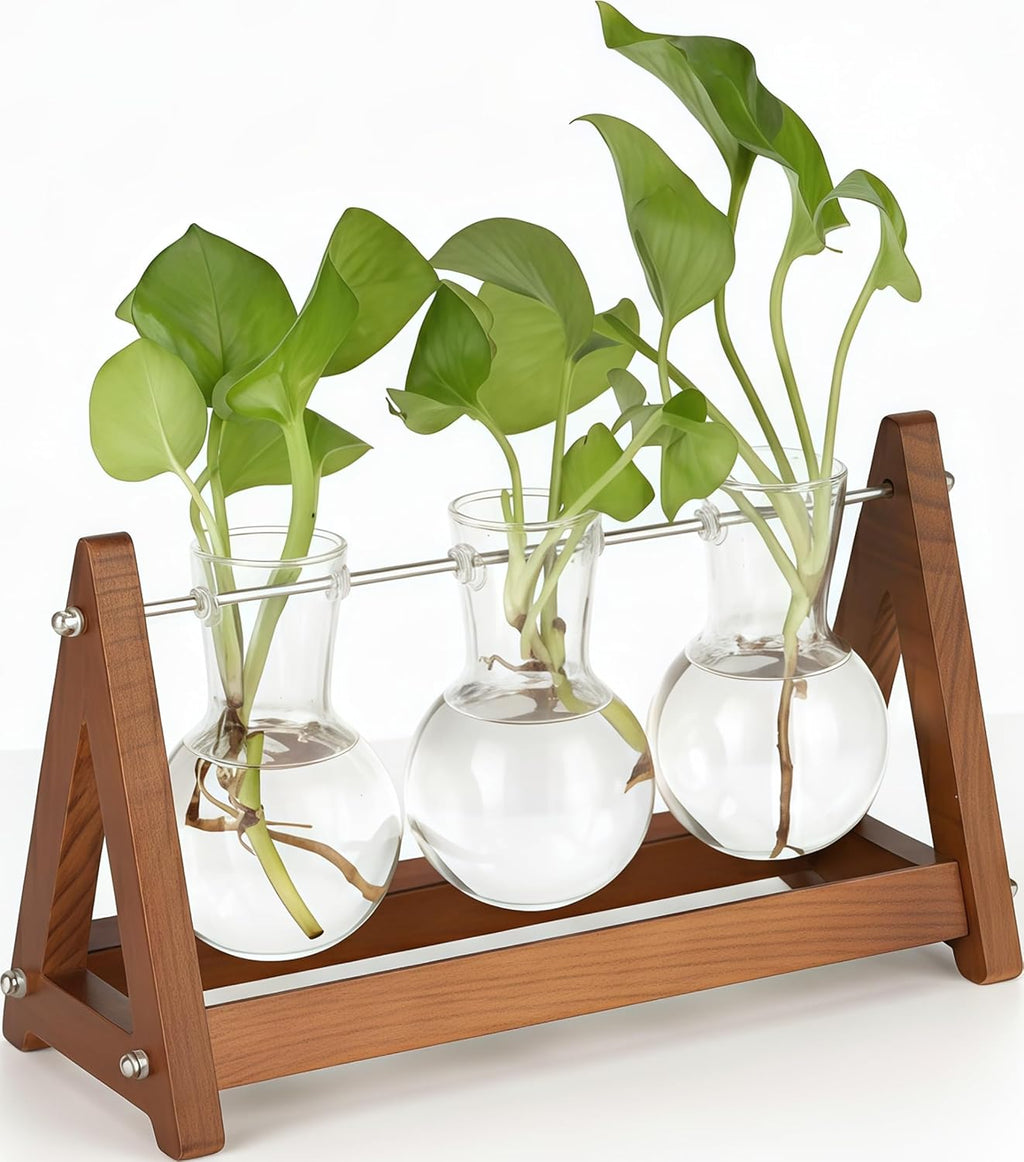 Plant Terrarium with Wooden Stand, 3 Bulb Glass Vase Metal Holder, Retro Hydroponics Planter for Home/Garden/Office Decor, for Women & Mom