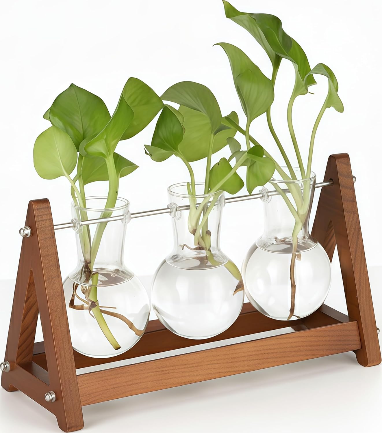 Plant Terrarium with Wooden Stand, 3 Bulb Glass Vase Metal Holder, Retro Hydroponics Planter for Home/Garden/Office Decor, for Women & Mom