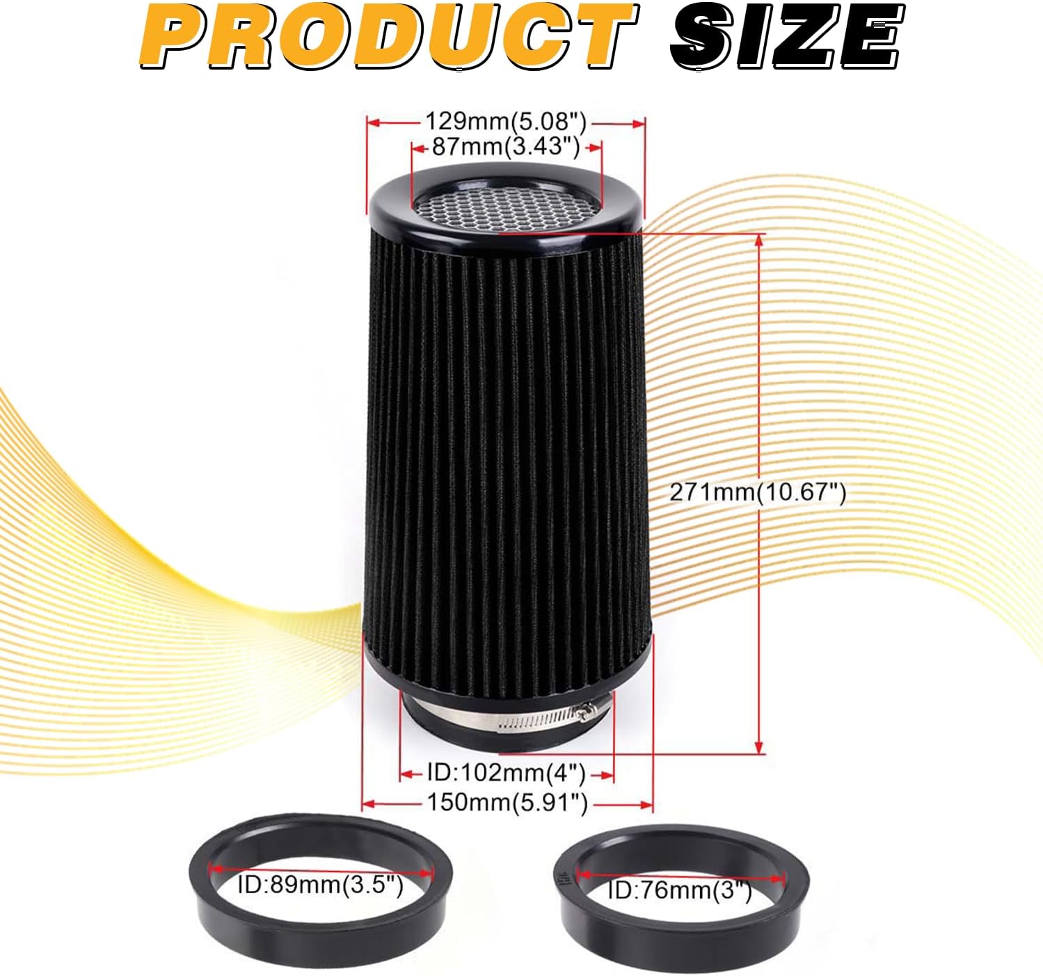 4-Inch Cold Air Intake Filter - Washable, High Performance, 3" or 3-1/2" or 4" Clamp-On Filter Height: 9 In Replacement Cone Air Filter Universal 3 Sizes in 1 (Black)