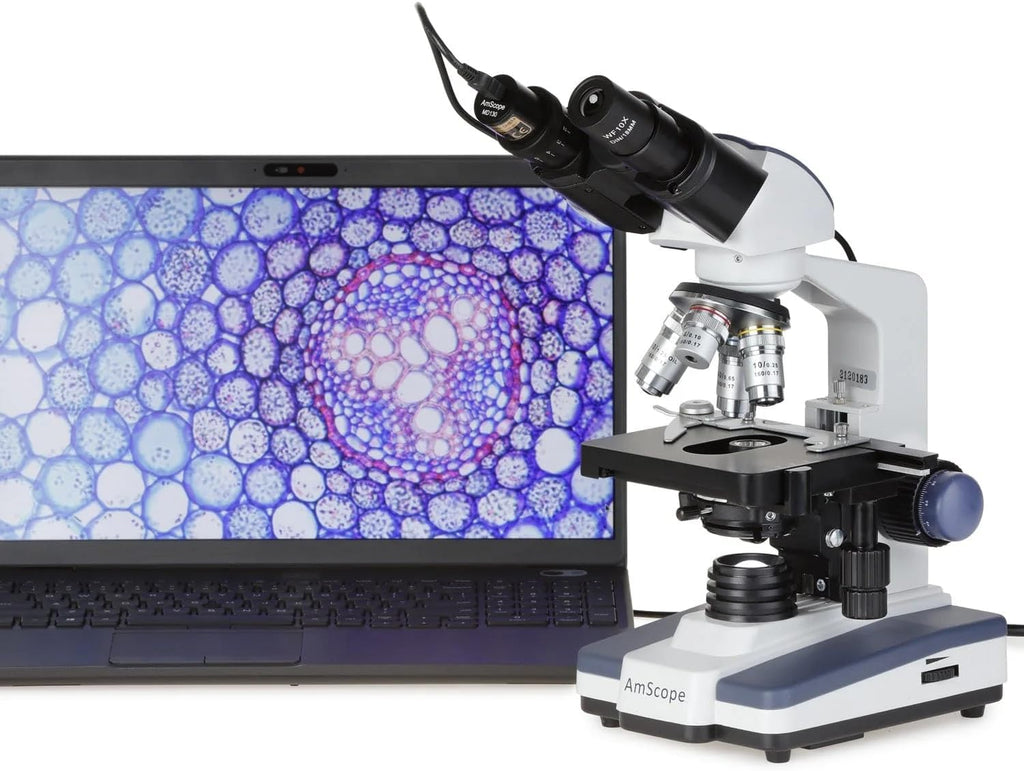 AmScope B120 Series Student & Professional LED Binocular Compound Microscope - 40X-2500X Magnification - Includes 3MP USB Camera & Siedentopf Head