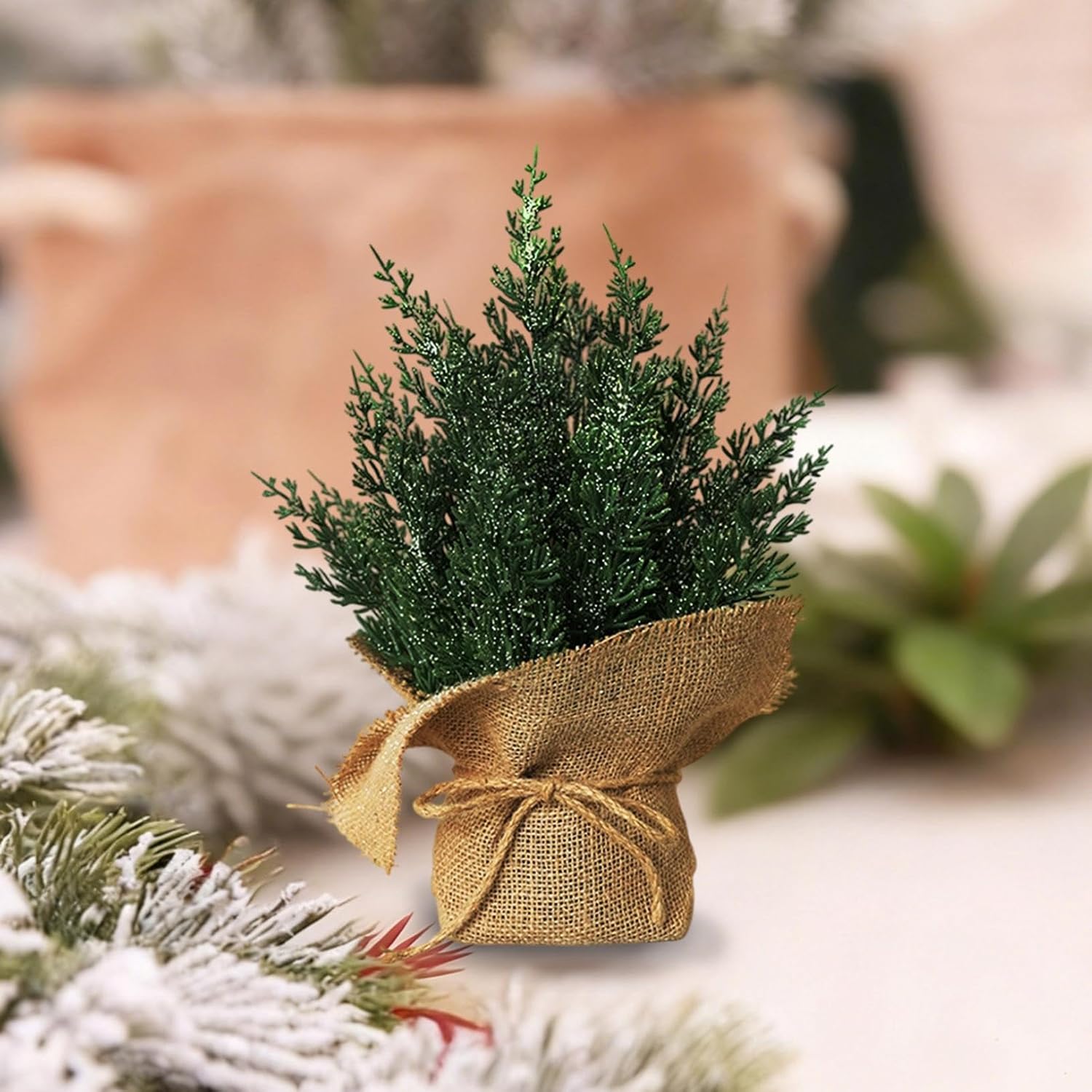 Mini Christmas Tree, Tabletop Christmas Tree 14In Artificial Snowy Pine Branches with Decorative Burlap Base Small Holiday Tabletop Centerpiece for Home Office Xmas Decor
