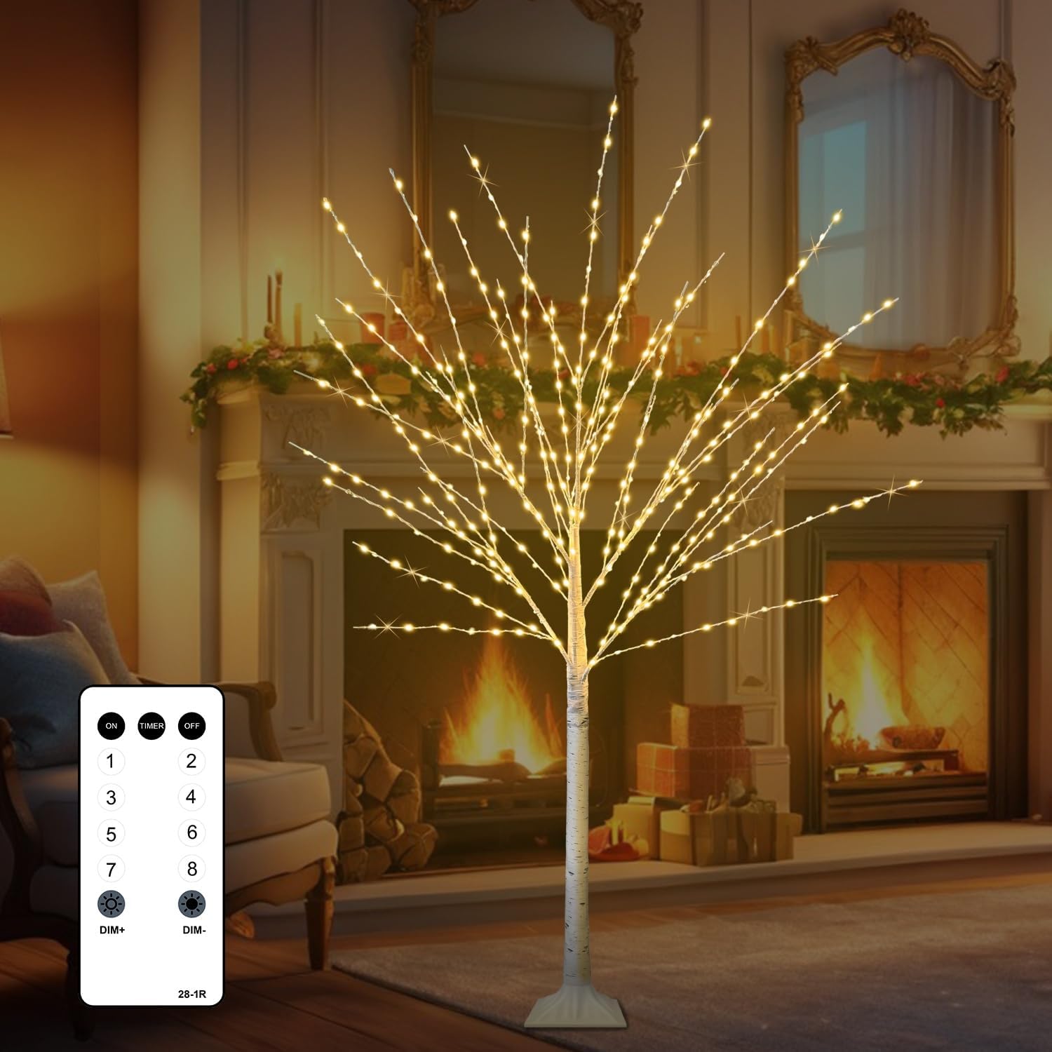 4FT Lighted Birch Tree with 400 LED Warm White Lights, 8 Twinkle Modes, Timer, Dimmable Artificial Light Up Twig Christmas Tree for Indoor Outdoor Xmas Holiday Party Decor