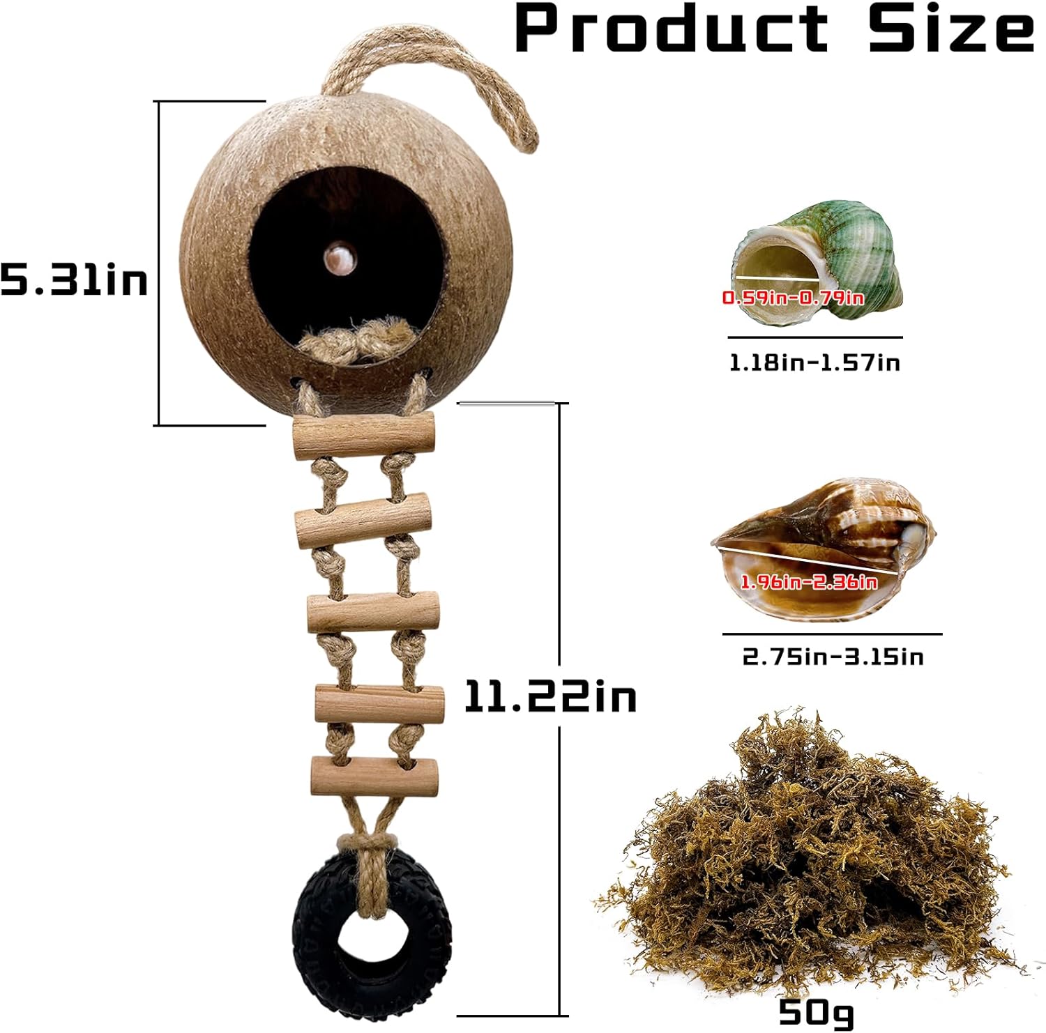 Hermit Crab Coconut Shell Hideout, Leopard Gecko Hide Habitat Cave with Ladder and 2 Sea Shells, Crested Gecko Tank Accessories with Moss for Reptiles,Hermit Crab Climbing Toys,5.3",5PCS