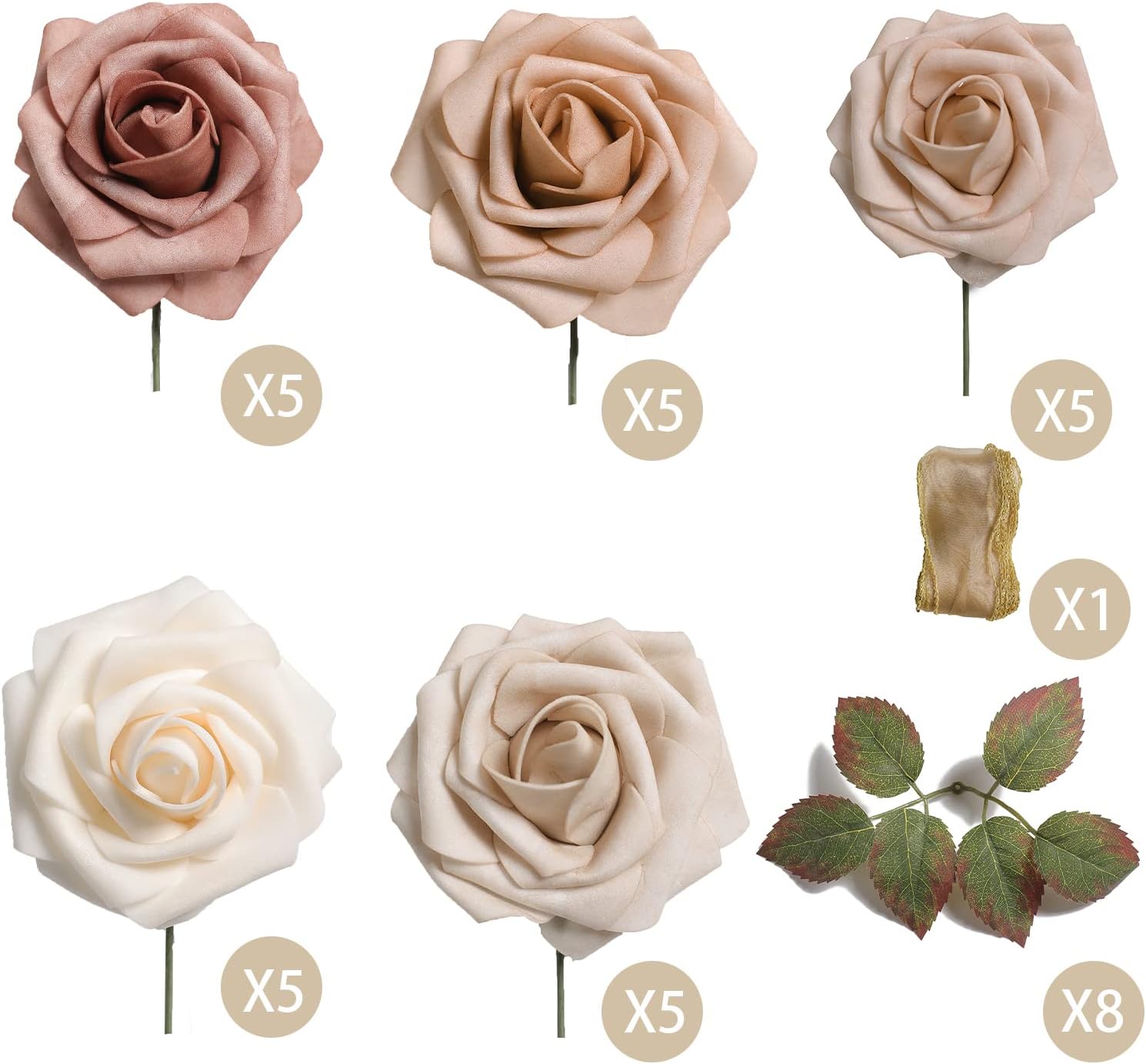 Artificial Roses Flowers 25pcs Morandi Peach Ombre Colors Foam Fake Roses with Stems for DIY Wedding Bouquets Bridal Shower Centerpieces Party Home Decorations