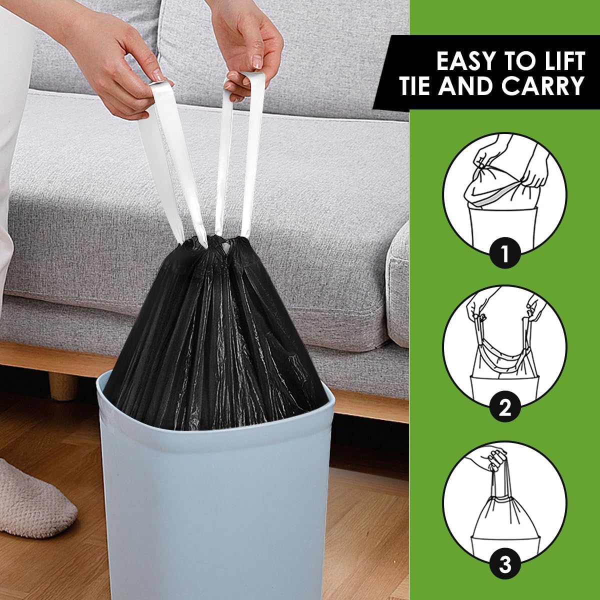 6 Gallon 120pcs Strong Drawstring Trash Bags Garbage Bags by Teivio, Bathroom Trash Can Bin Liners, Plastic Bags for home office kitchen, Black
